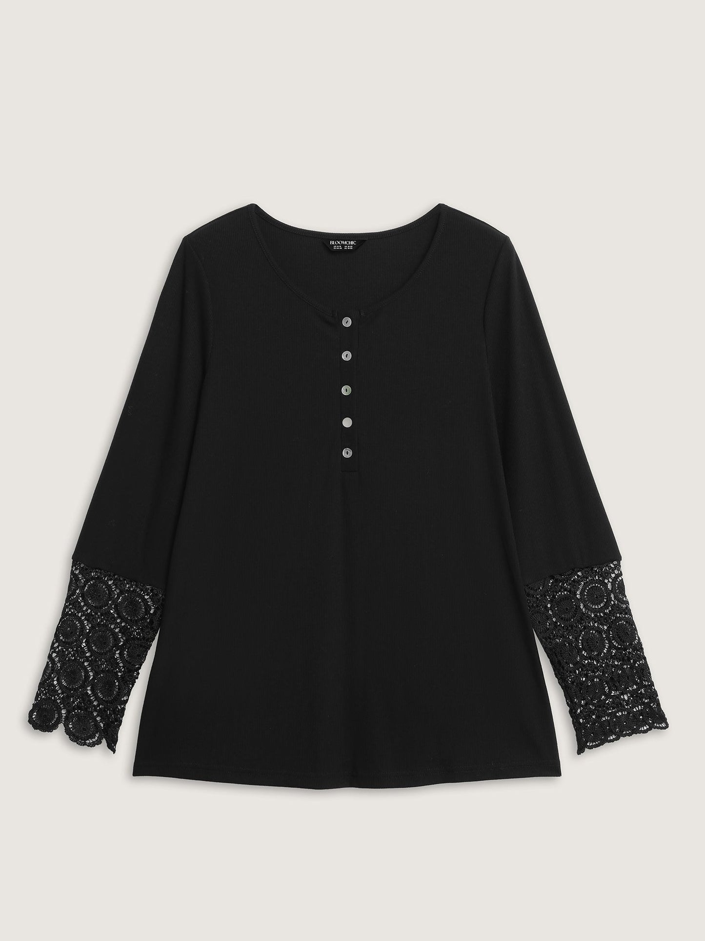 Lace Sleeve Button Placket T-Shirt