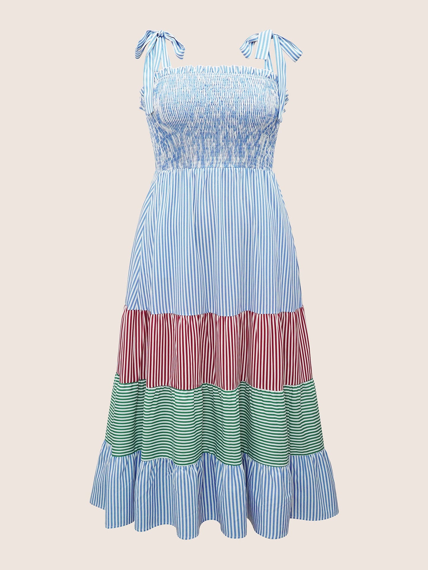 Contrast Striped Patchwork Shirred Ties Dress
