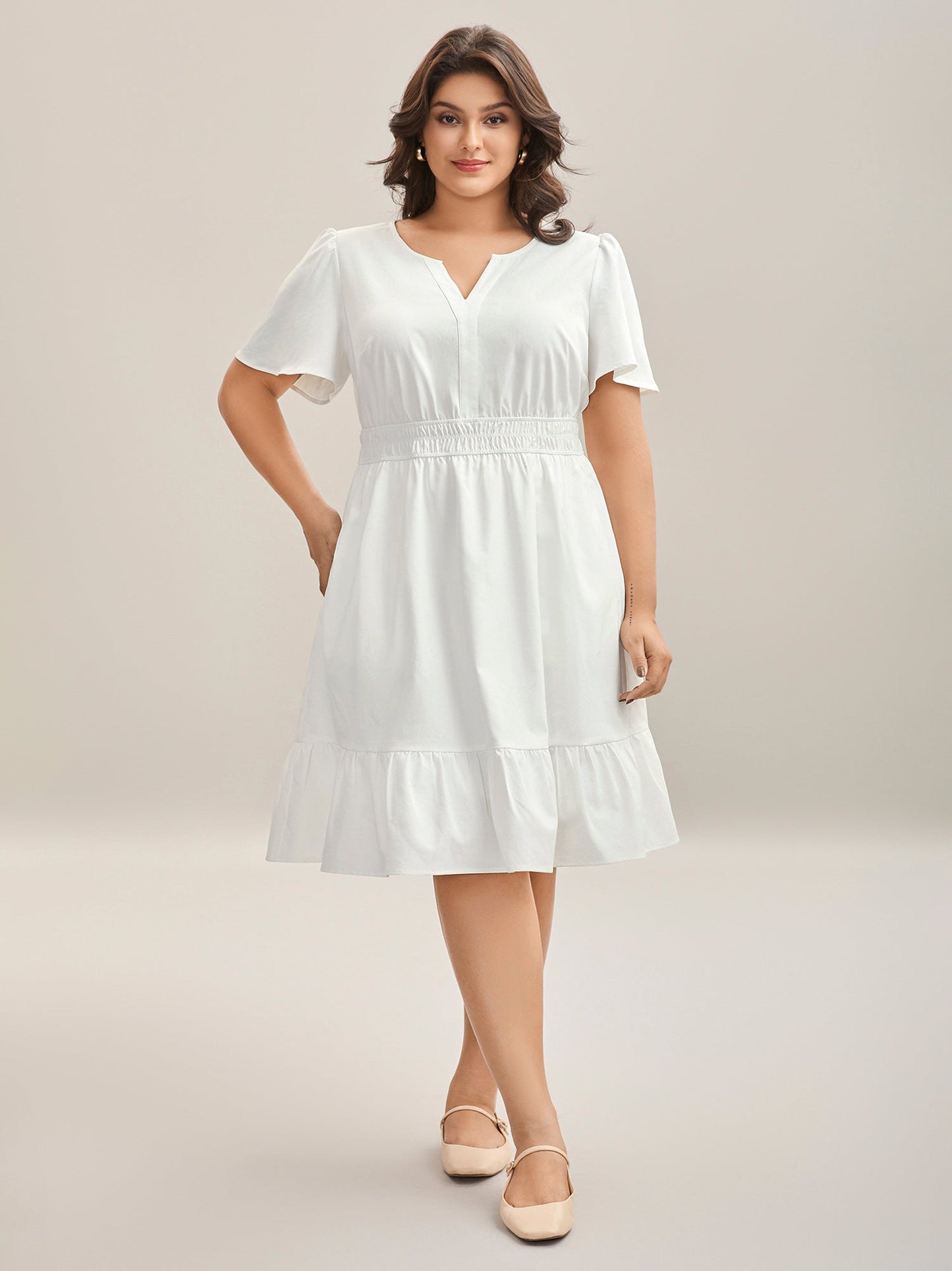 Woven Shirred Waist Split Neck Midi Dress