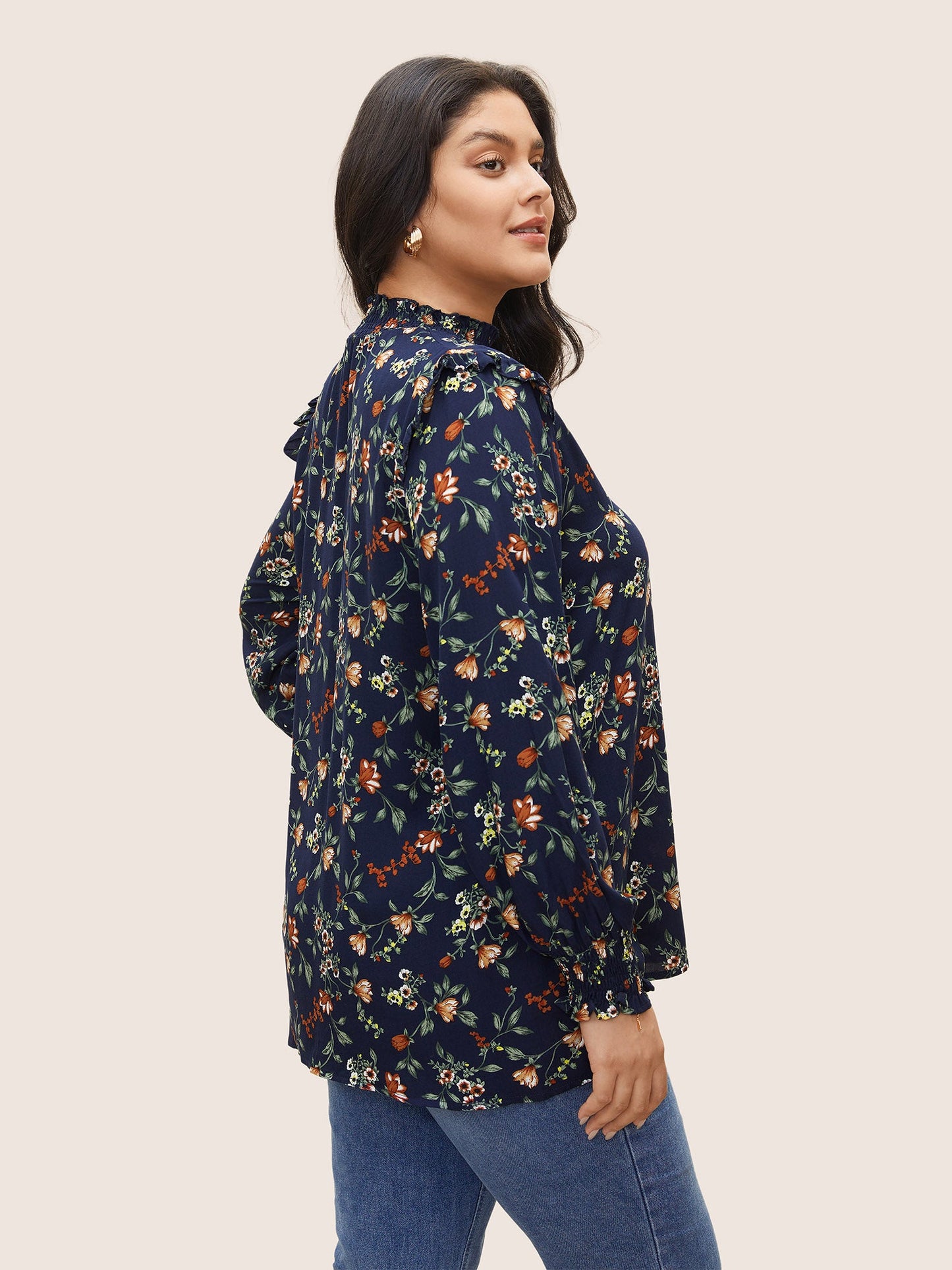 Floral Lantern Sleeve Shirred Mock Neck Blouse