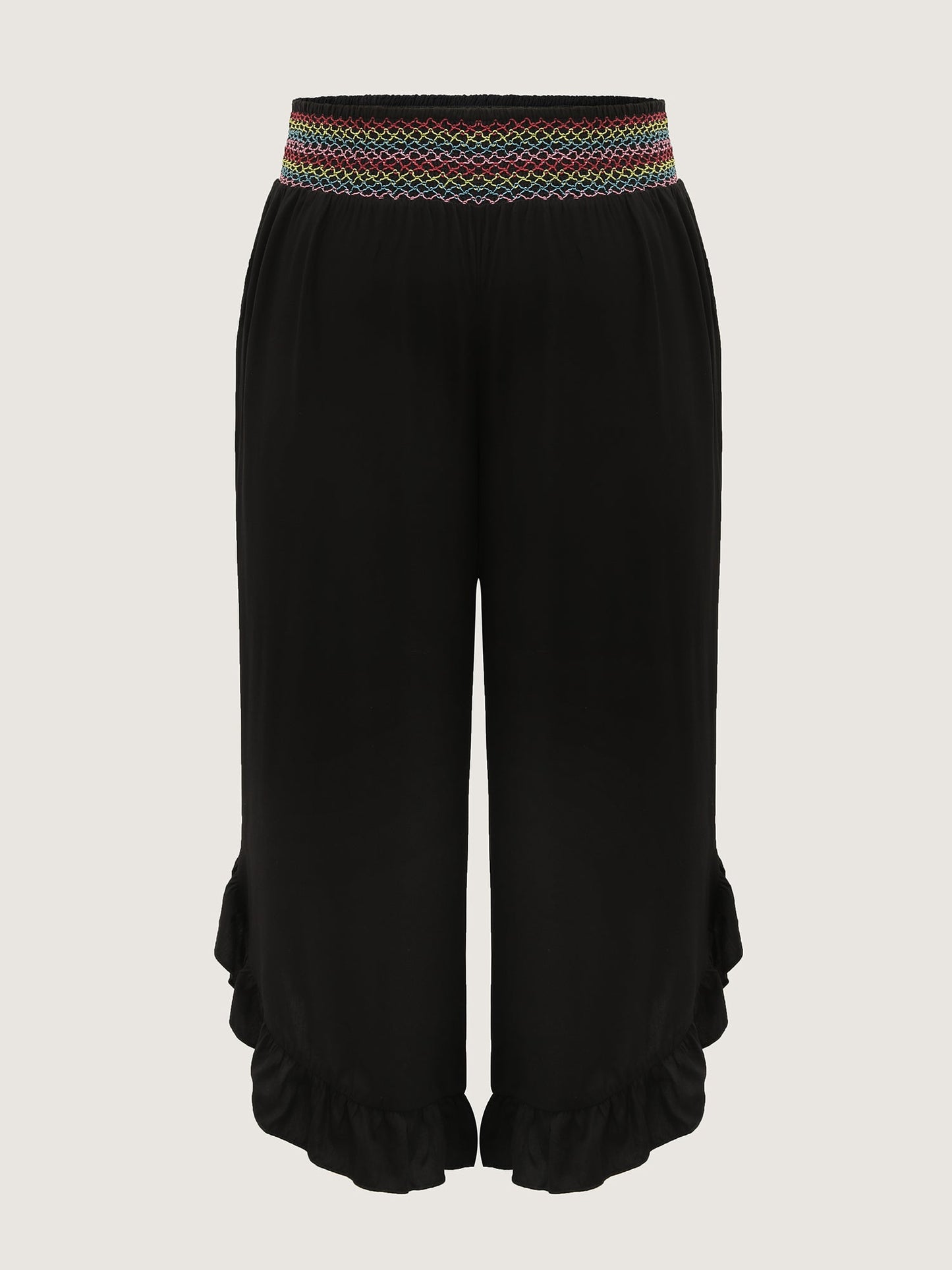 Colorful Shirred Waistband Ruffled Hem Pants
