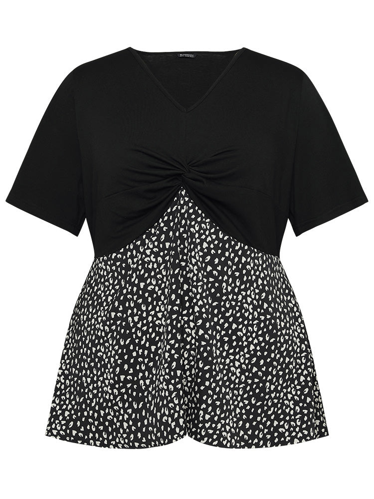 Leopard Patchwork Twist Ruffle Sleeve Blouse