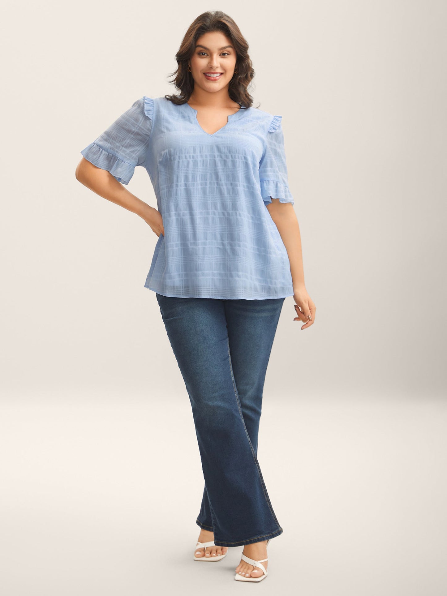 Checked Texture Jacquard Notched Collar Blouse