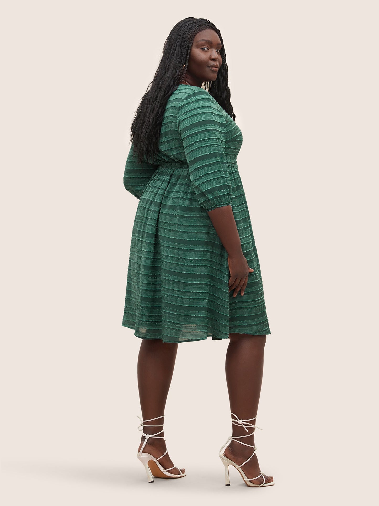 Striped Plisse Ties Pocket Lantern Sleeve Dress