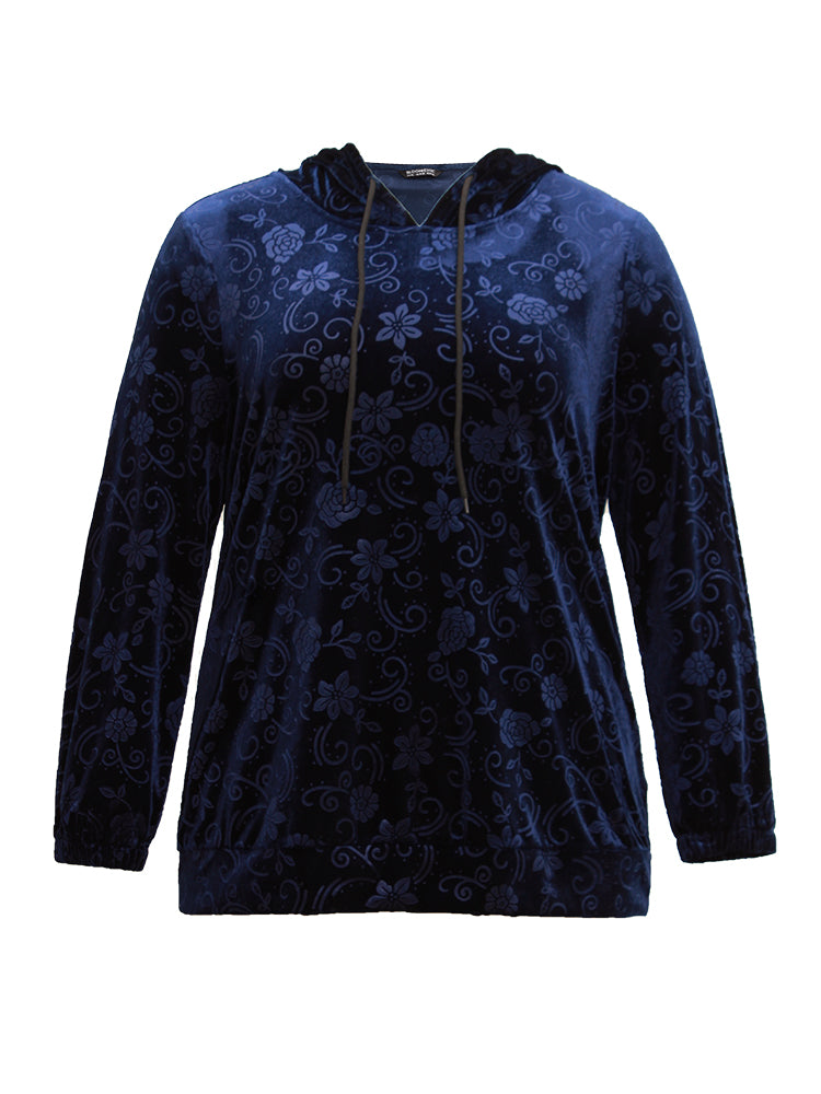 Velvet Solid Floral Hooded Drawstring Sweatshirt
