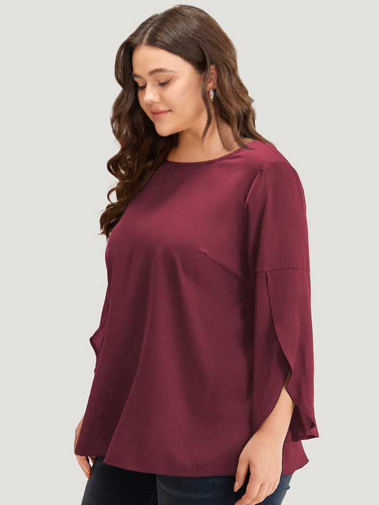 Plain Wrap Flutter Sleeve Crew Neck Blouse