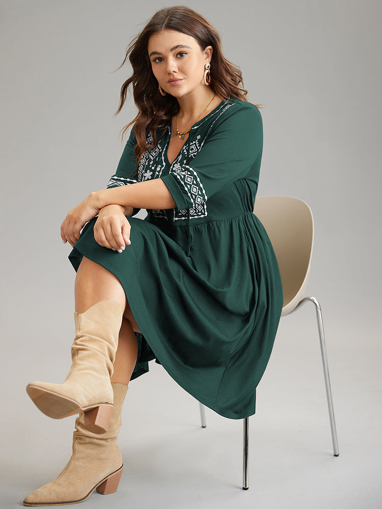 Bandana Embroidered Tie Neck Gathered Dress