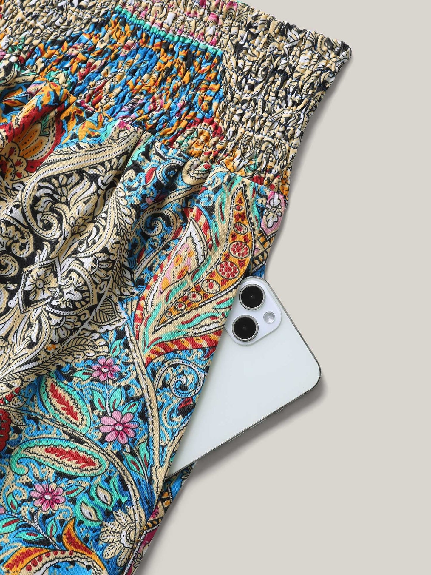 Paisley Print Shirred Waist Midi Skirt