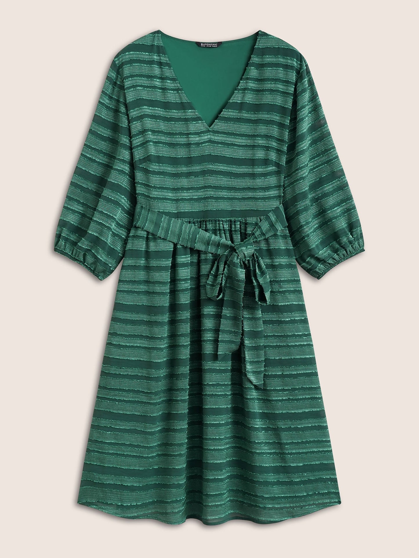 Striped Plisse Ties Pocket Lantern Sleeve Dress