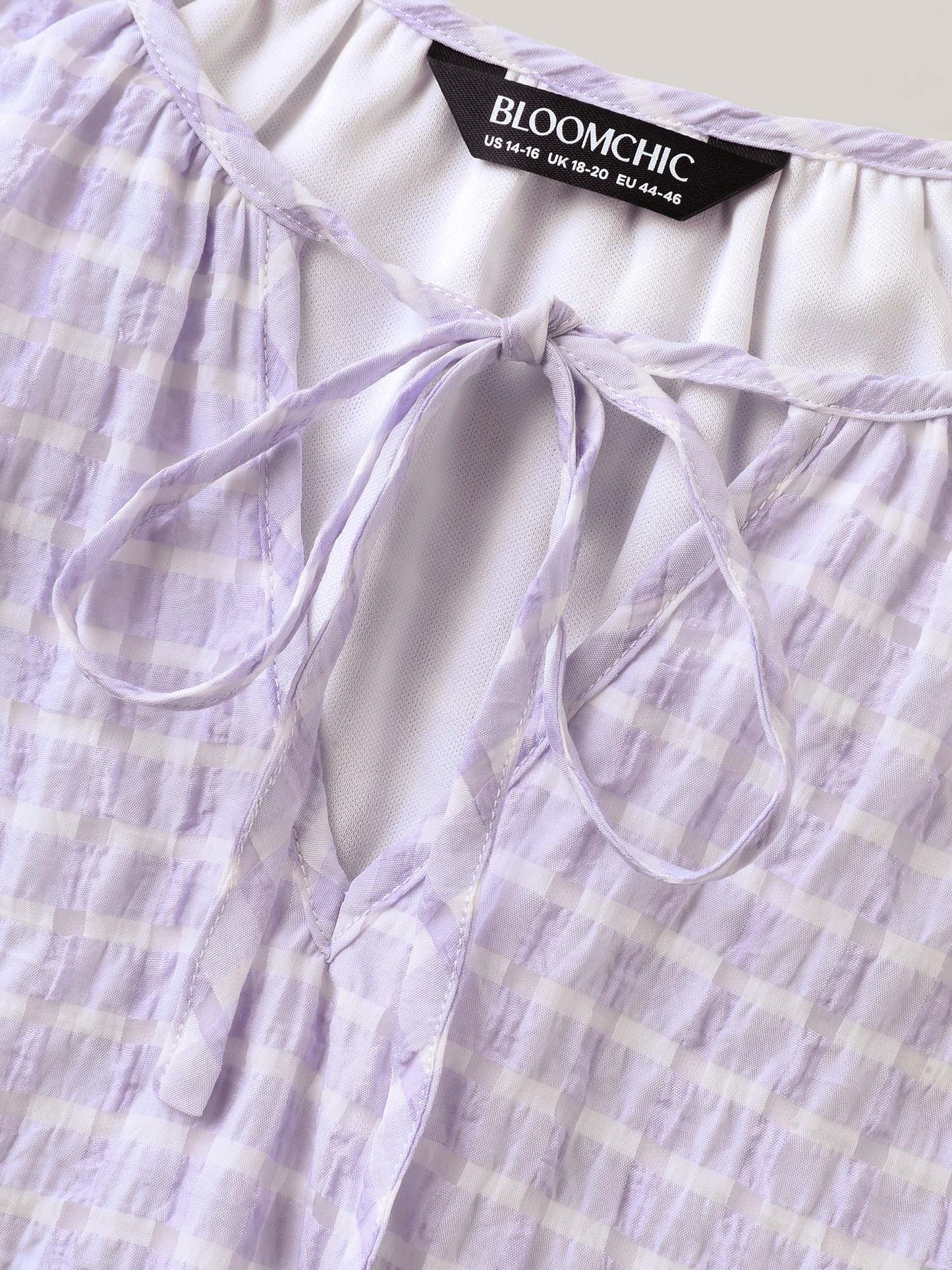Grid Textured Keyhole Tie Blouse