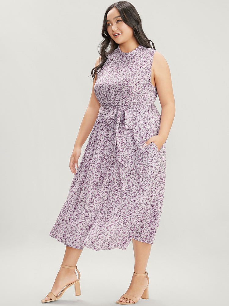 Ditsy Floral Keyhole Pocket Belted Mock Neck Ruffles Dress