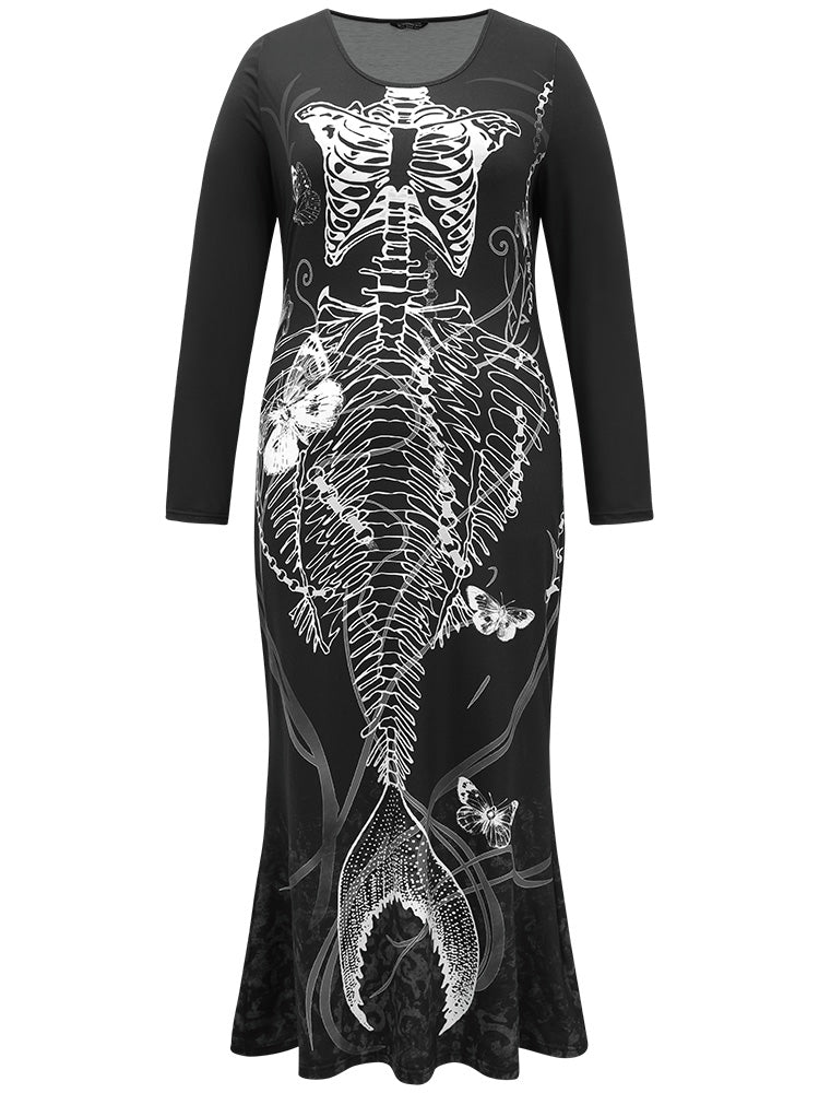 Halloween Skull Print Mermaid Hem Dress