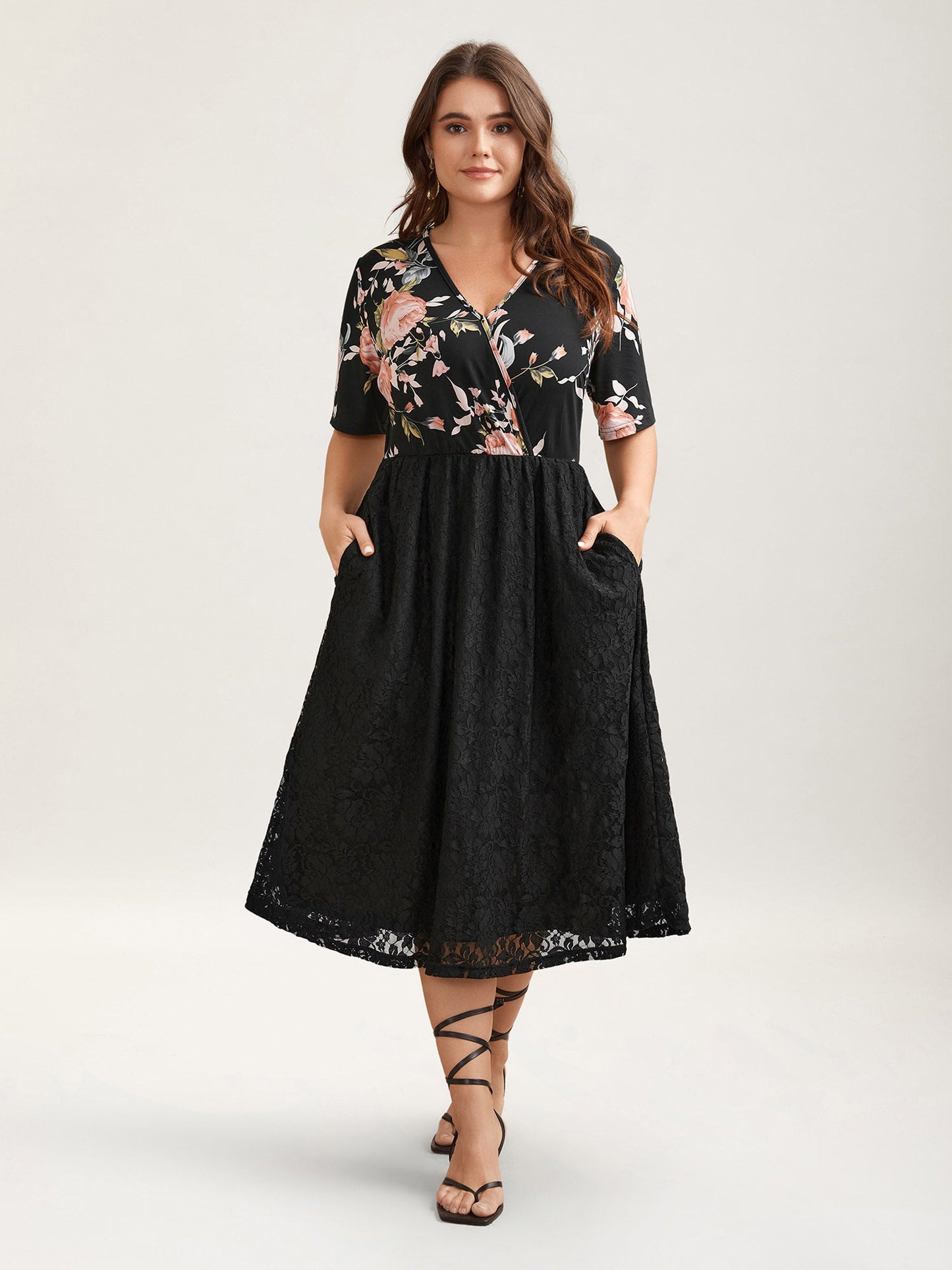 Floral Panel Surplice Pockets Midi Dress
