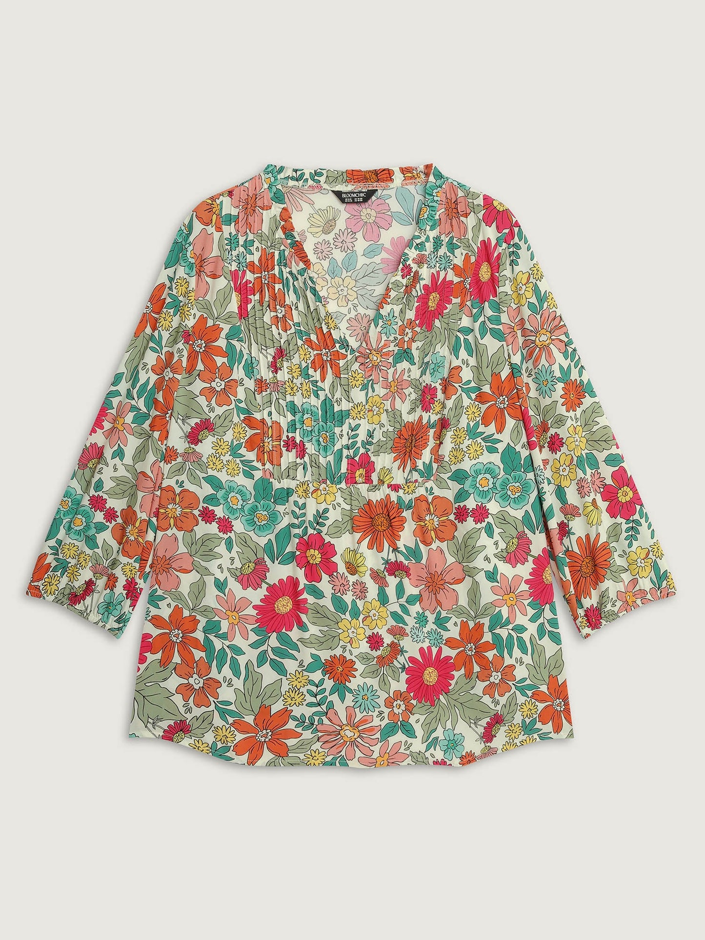 Supersoft Large Floral Print Pleated Neck Blouse