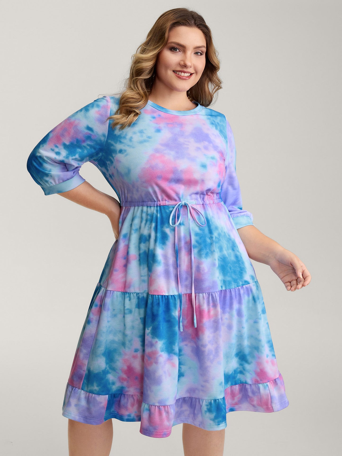 Tie-Dye Print Drawstring Waist Midi Dress