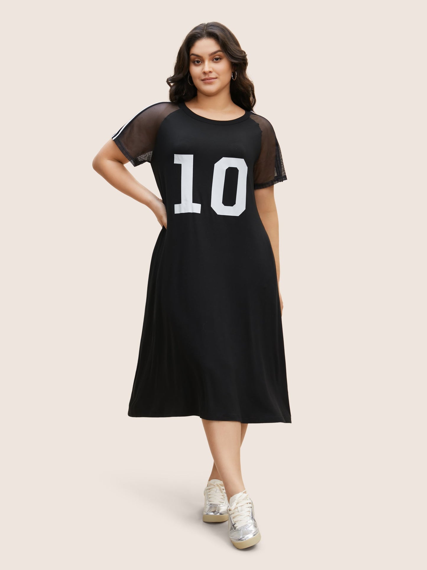 Number Print Striped Mesh Patchwork Midi Dress