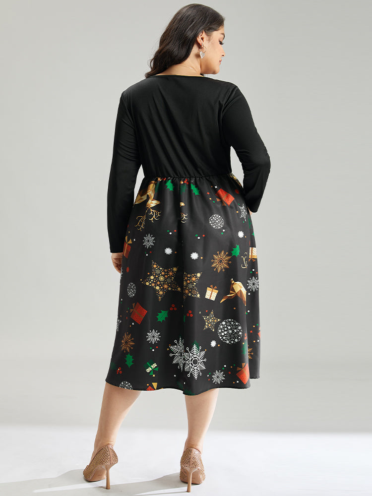 Christmas Print Patchwork Scalloped Trim Elastic Waist Dress