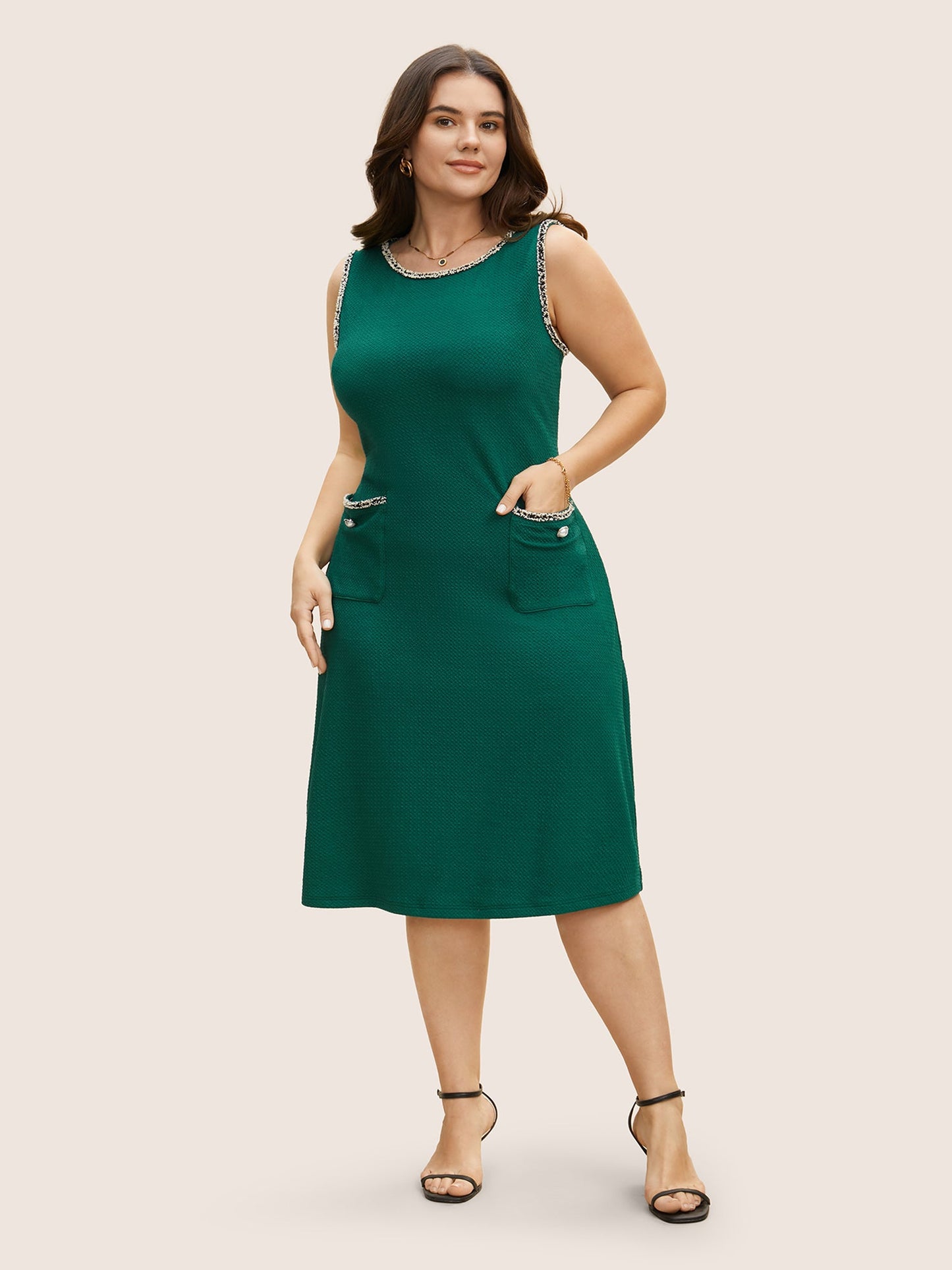 Round Neck Contrast Webbing Patched Pocket Dress