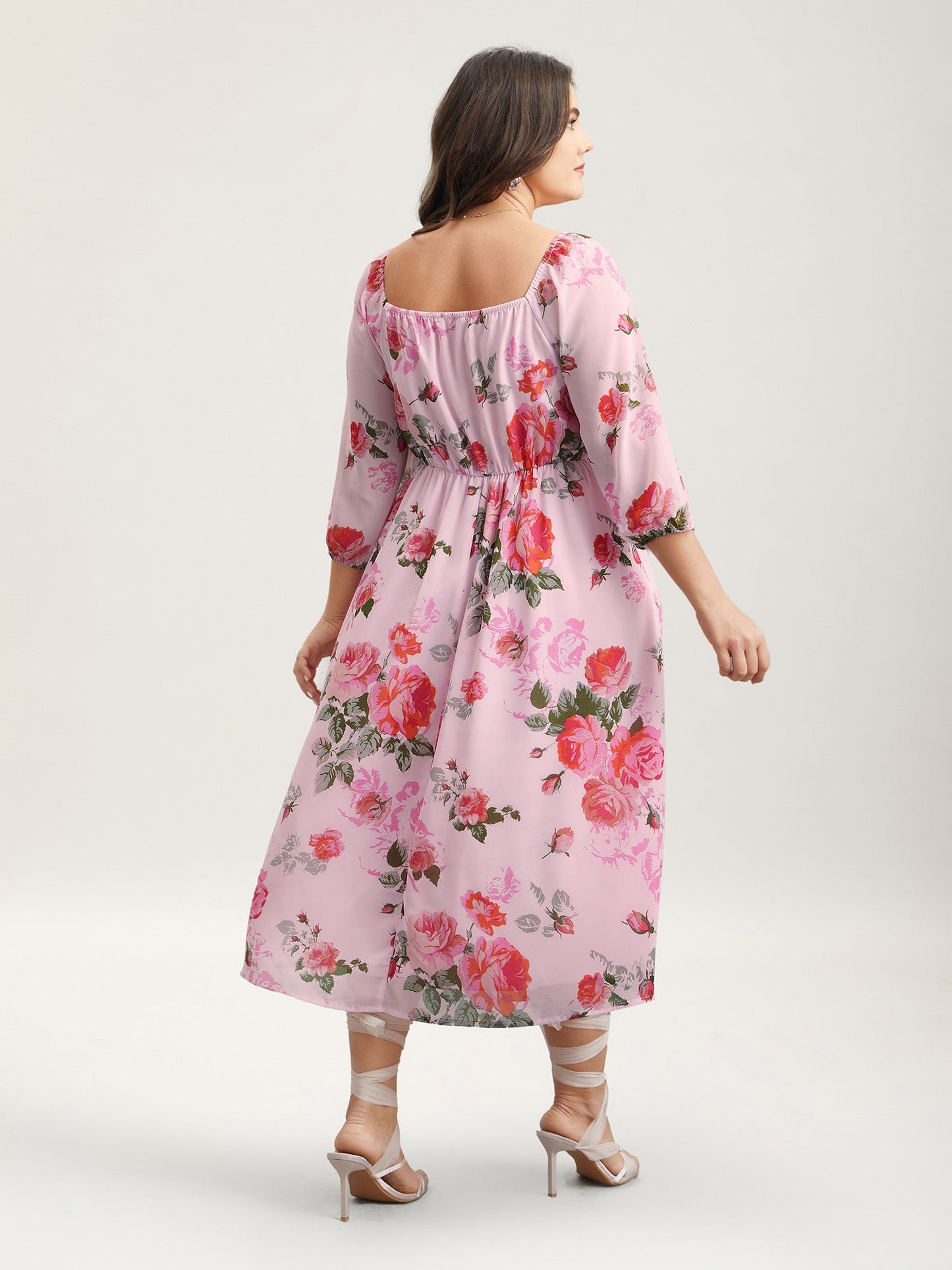 Rosy Print Pockets Pleated Midi Dress