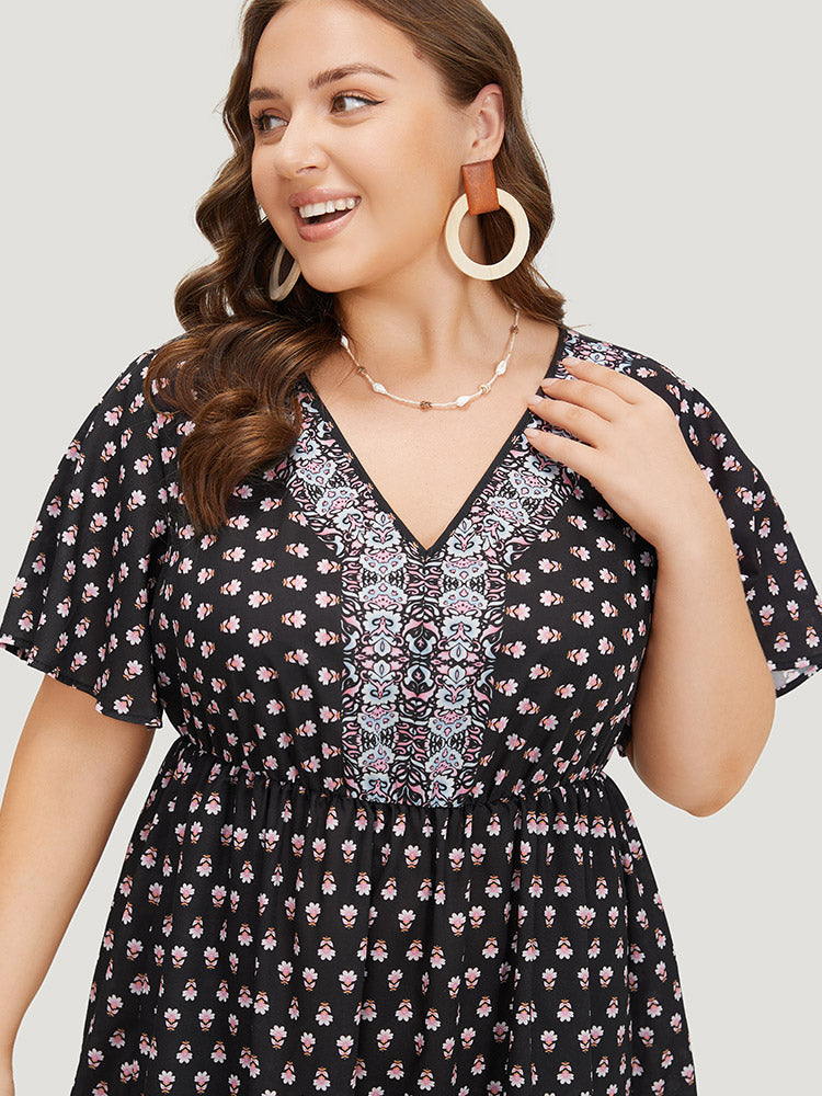 Boho Print Contrast Gathered Pocket Ruffles Dress