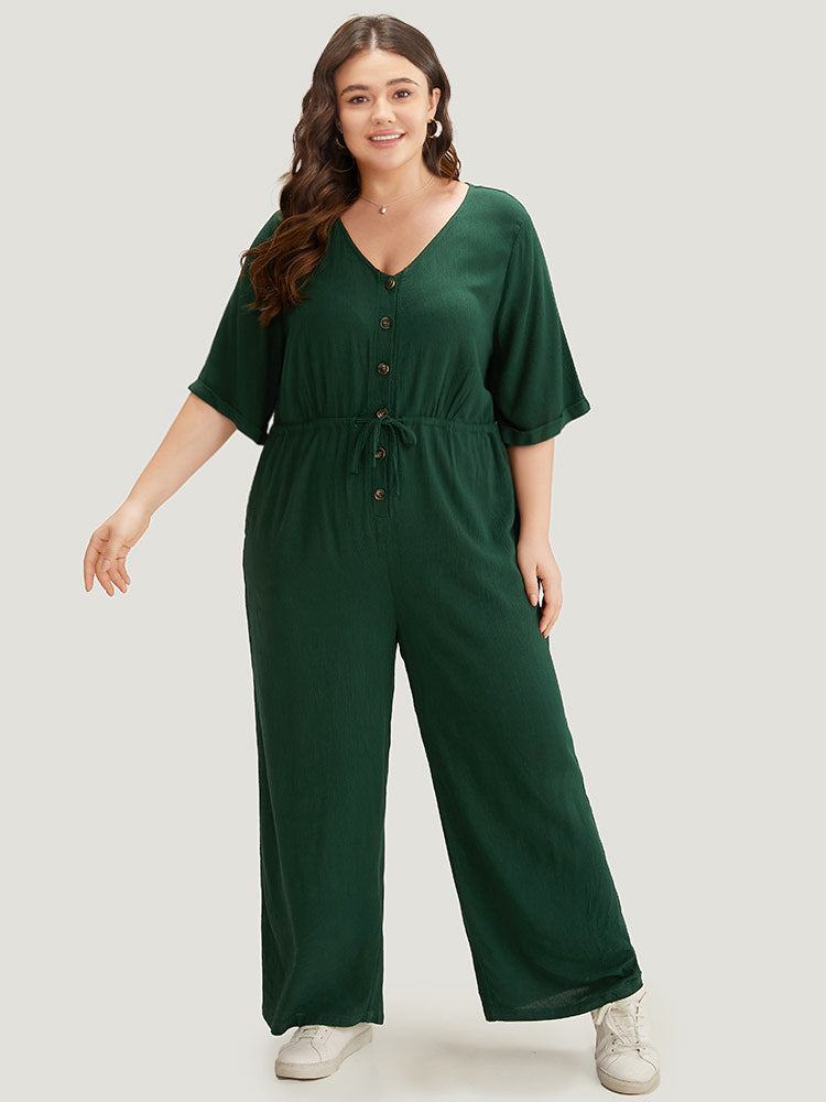 Plain Textured V Neck Pocket Button Through Drawstring Jumpsuit