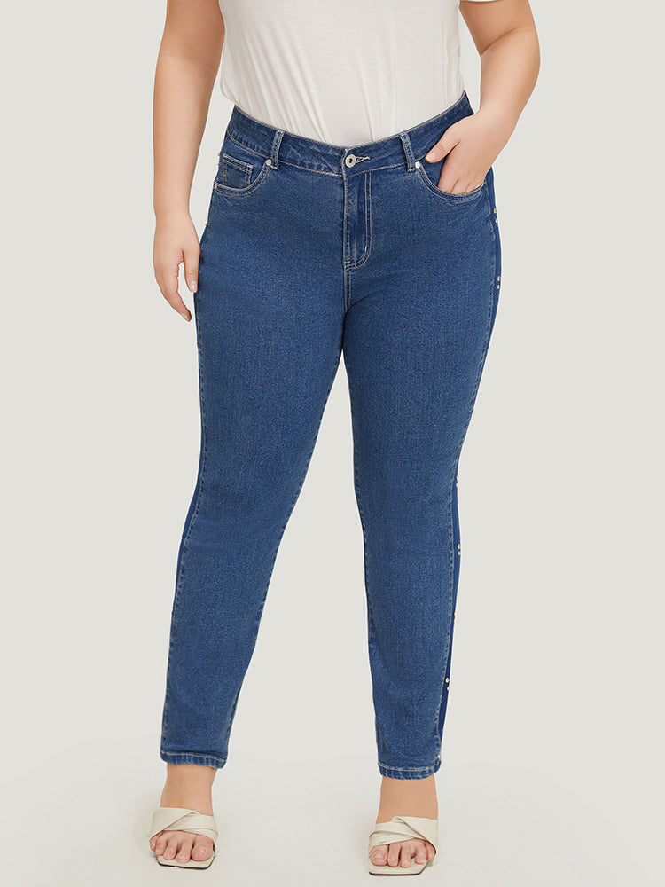 Pearl Beaded Patchwork Medium Wash Jeans