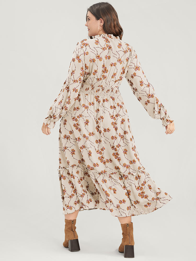 Floral Lantern Sleeve Pocket Tie Neck Shirred Midi Dress