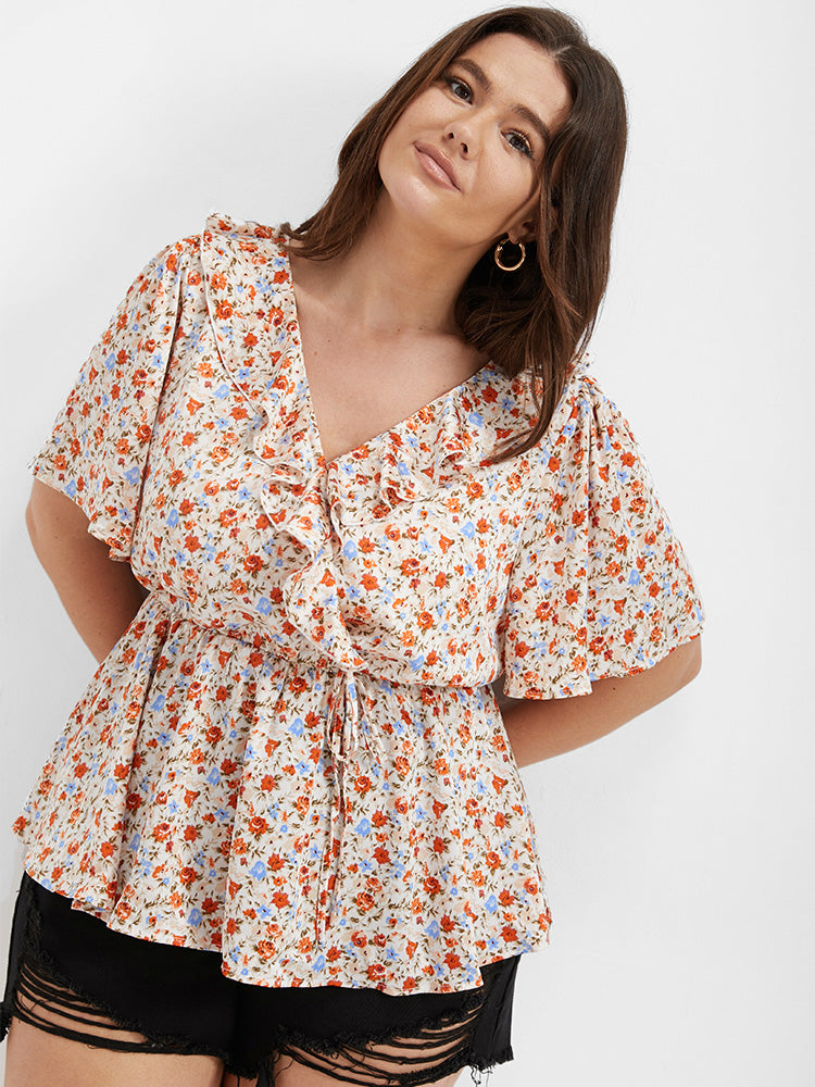 Ditsy Floral V Neck Ruffle Tie Front Blouse