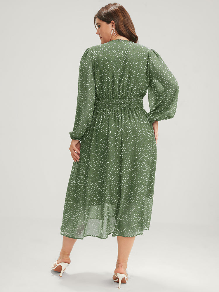 Polka Dot Lantern Sleeve Pocket Shirred Flutter Dress
