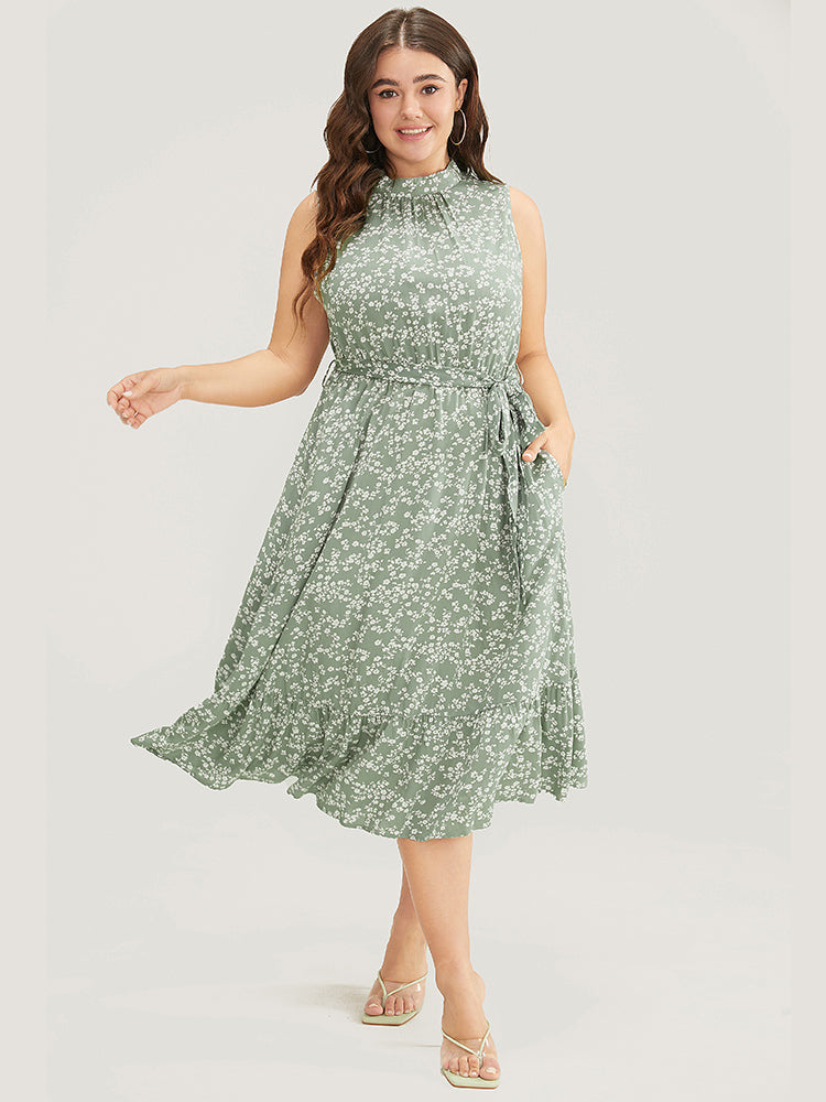 Ditsy Floral Keyhole Pocket Belted Mock Neck Ruffles Dress