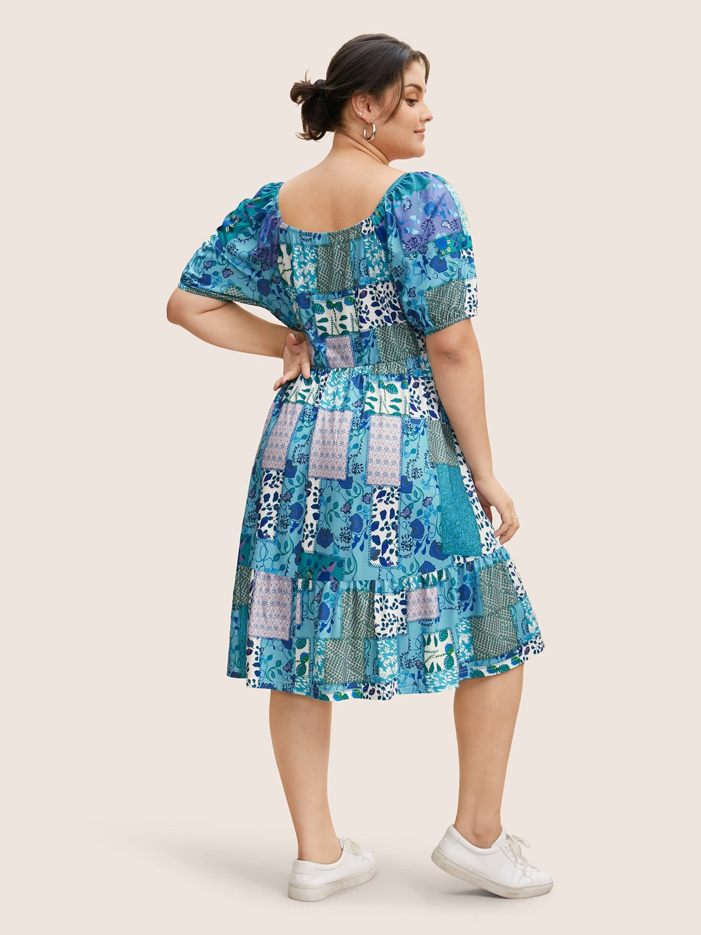 Patchwork Boho Print Raglan Sleeve Midi Dress