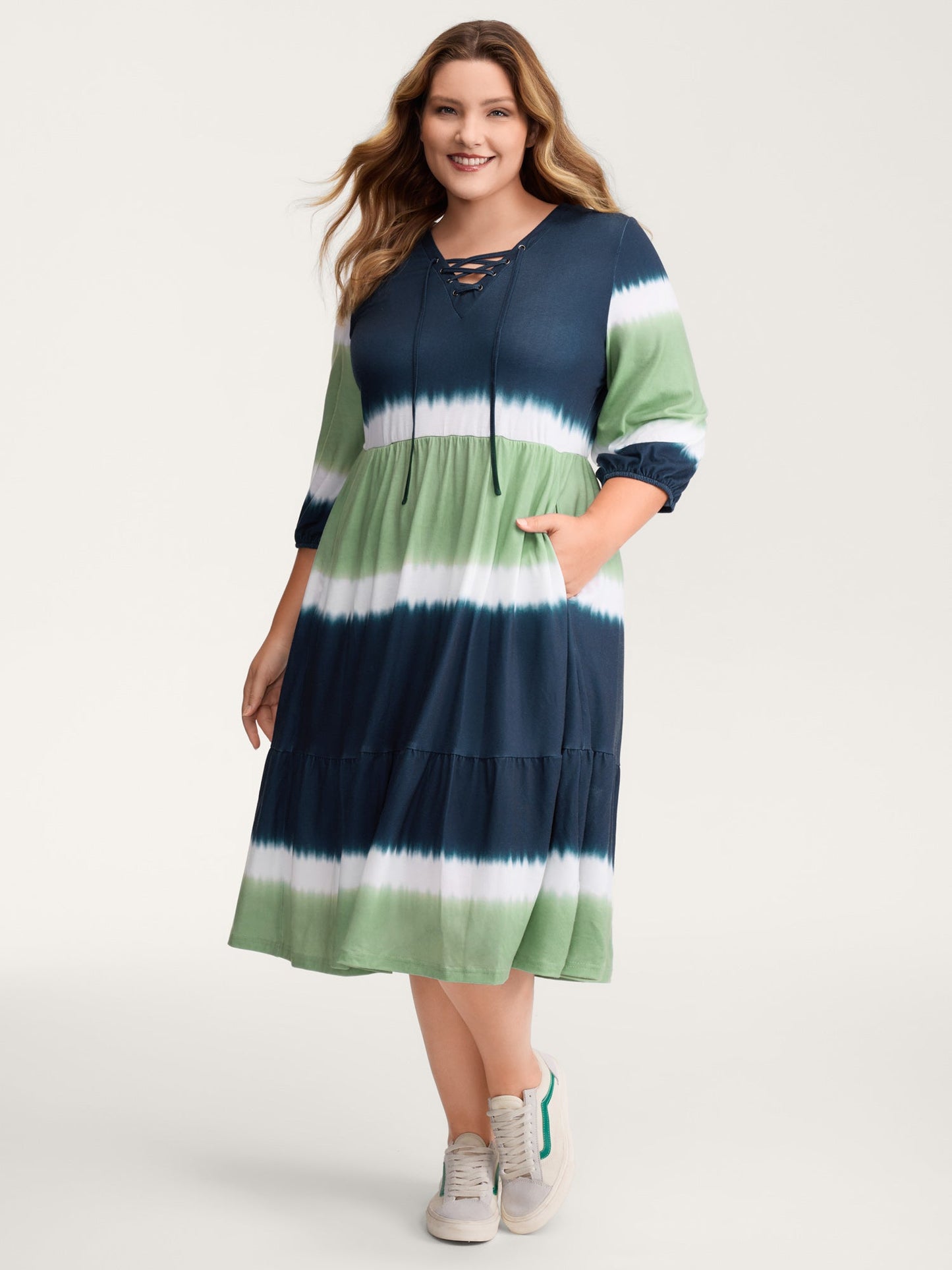 Cross-Tie Neckline Color Gradient Midi Dress