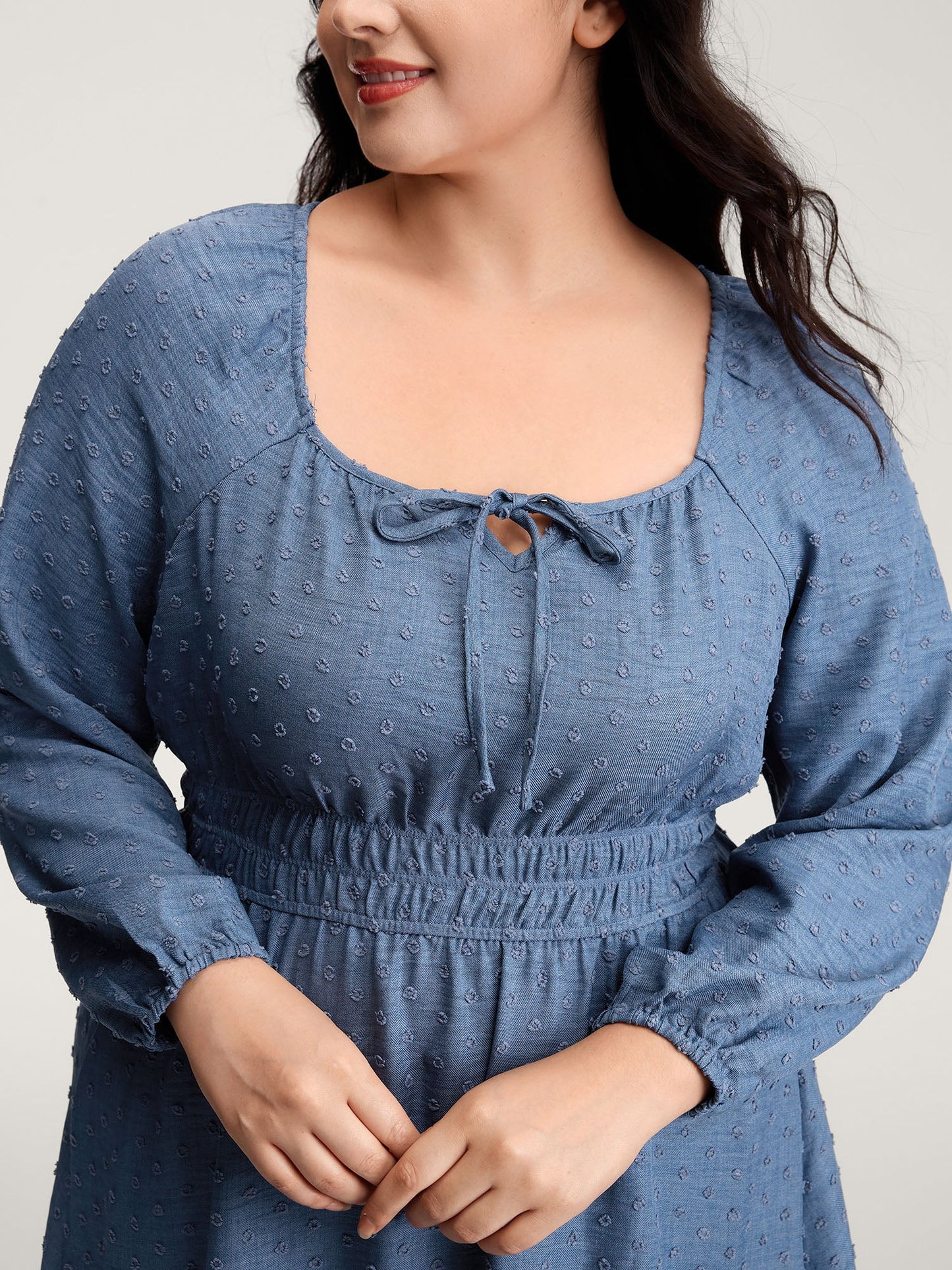 Textured Shirred Waist Neck-Tie Maxi Dress