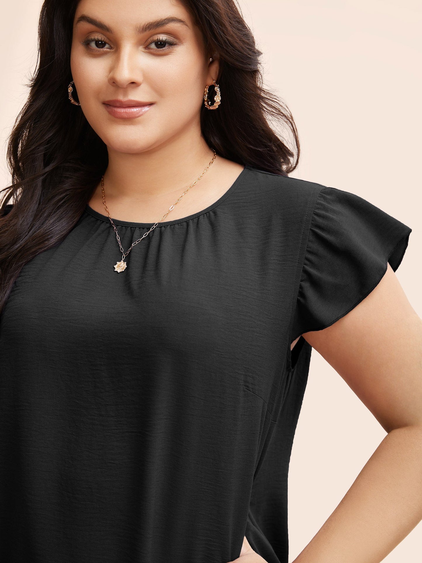 Solid Gathered Flutter Trim Blouse