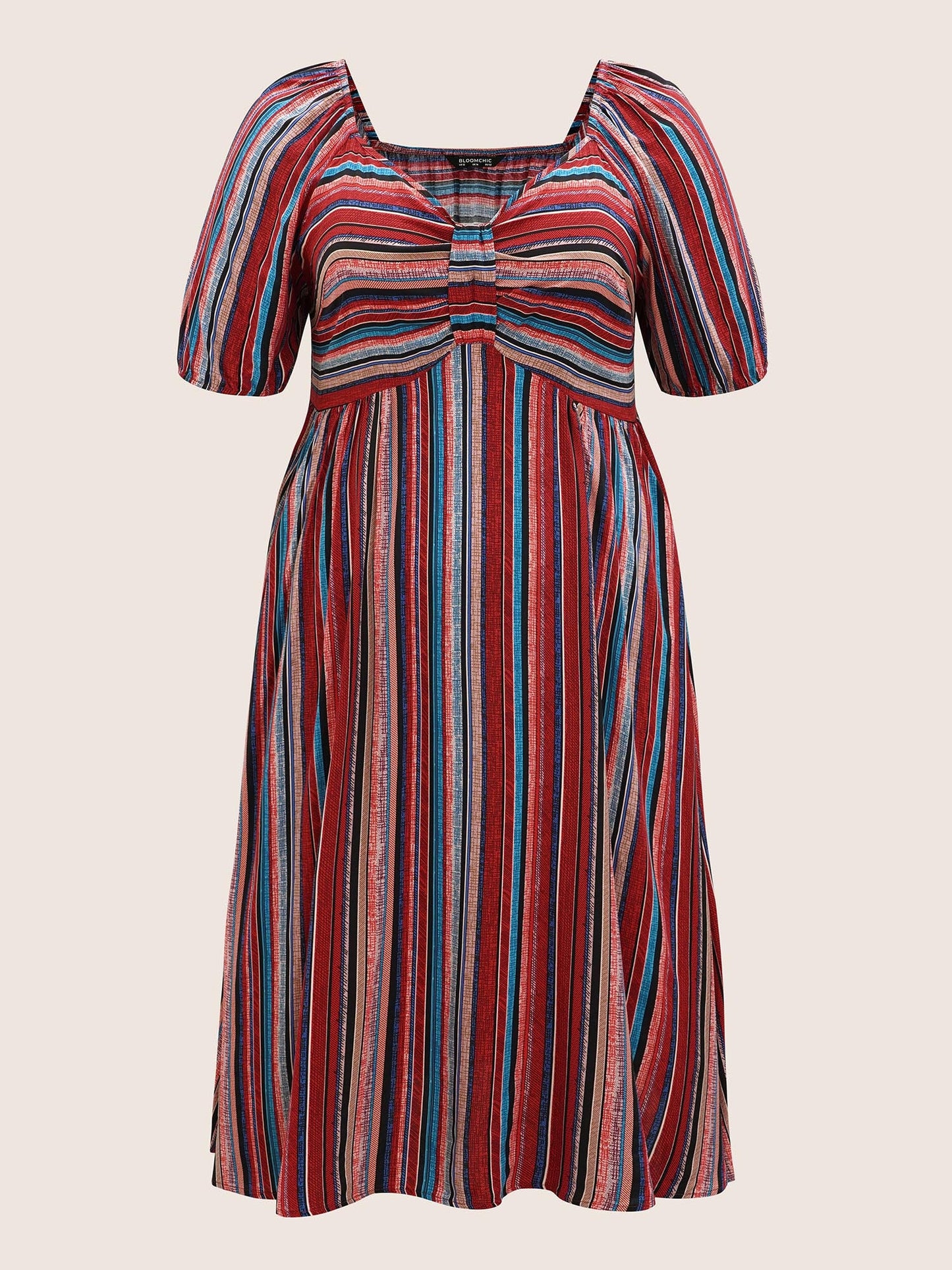 Heart Neckline Striped Lantern Sleeve Dress