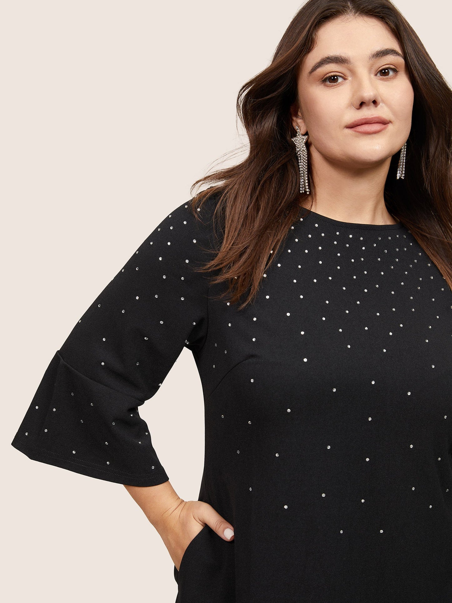 Rhinestone Curved Hem Bell Sleeve Dress