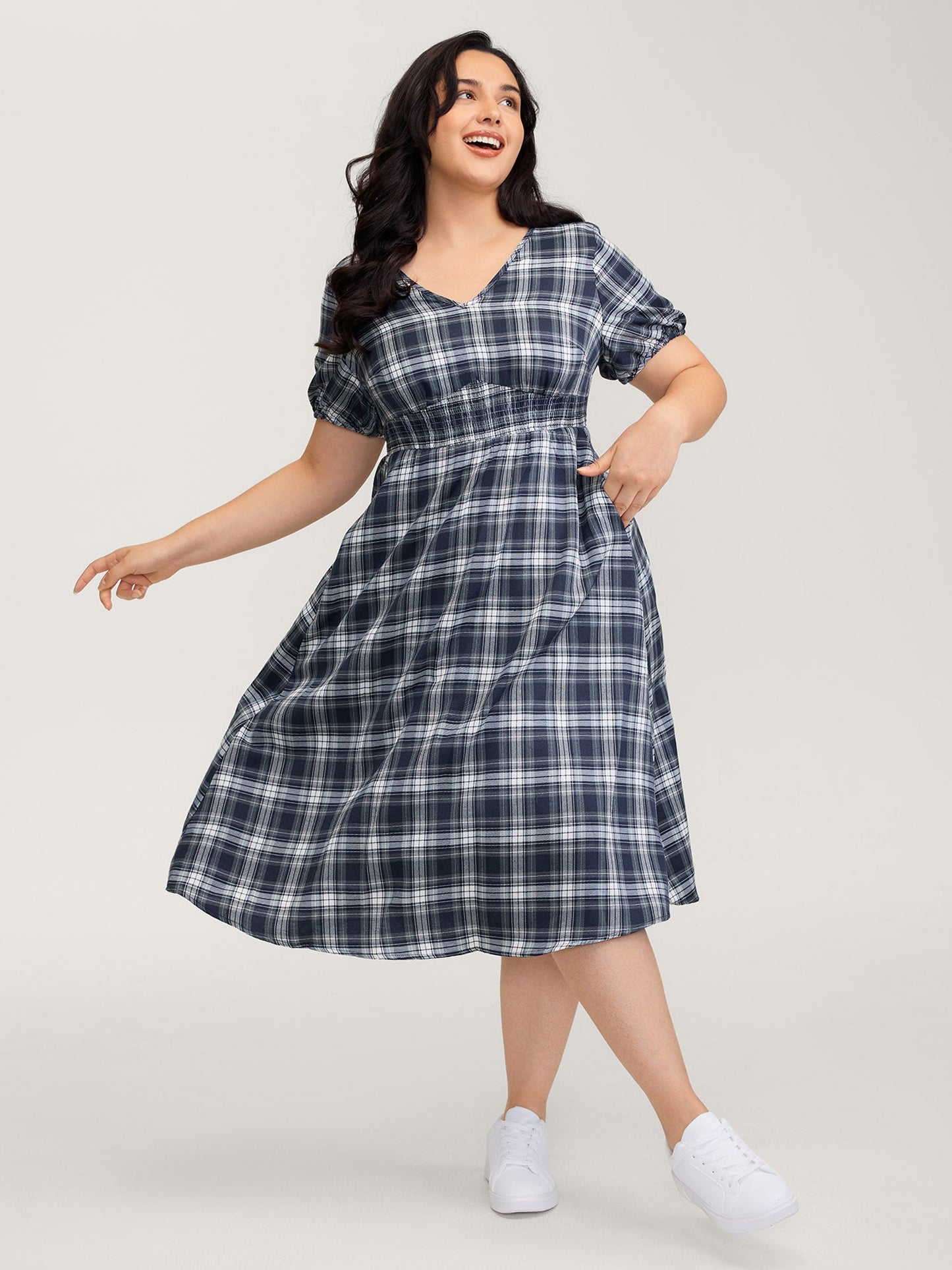 Plaid Print Back Bowknots Contrast Midi Dress