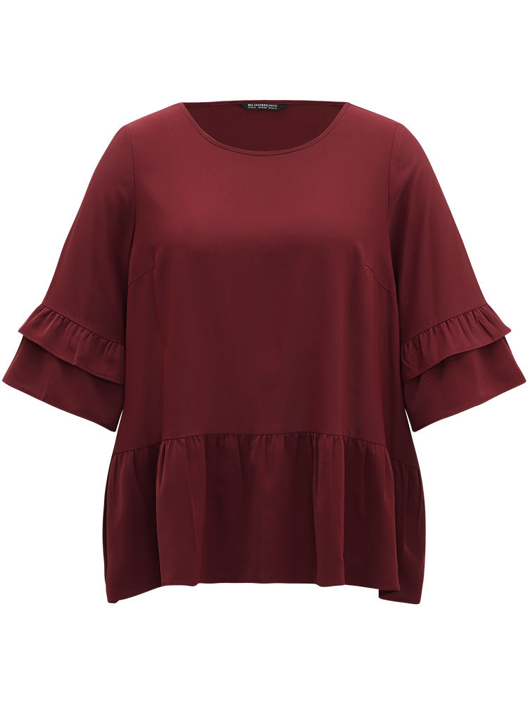 Anti-Wrinkle Plain Ruffle Layered Sleeve Crew Neck Blouse