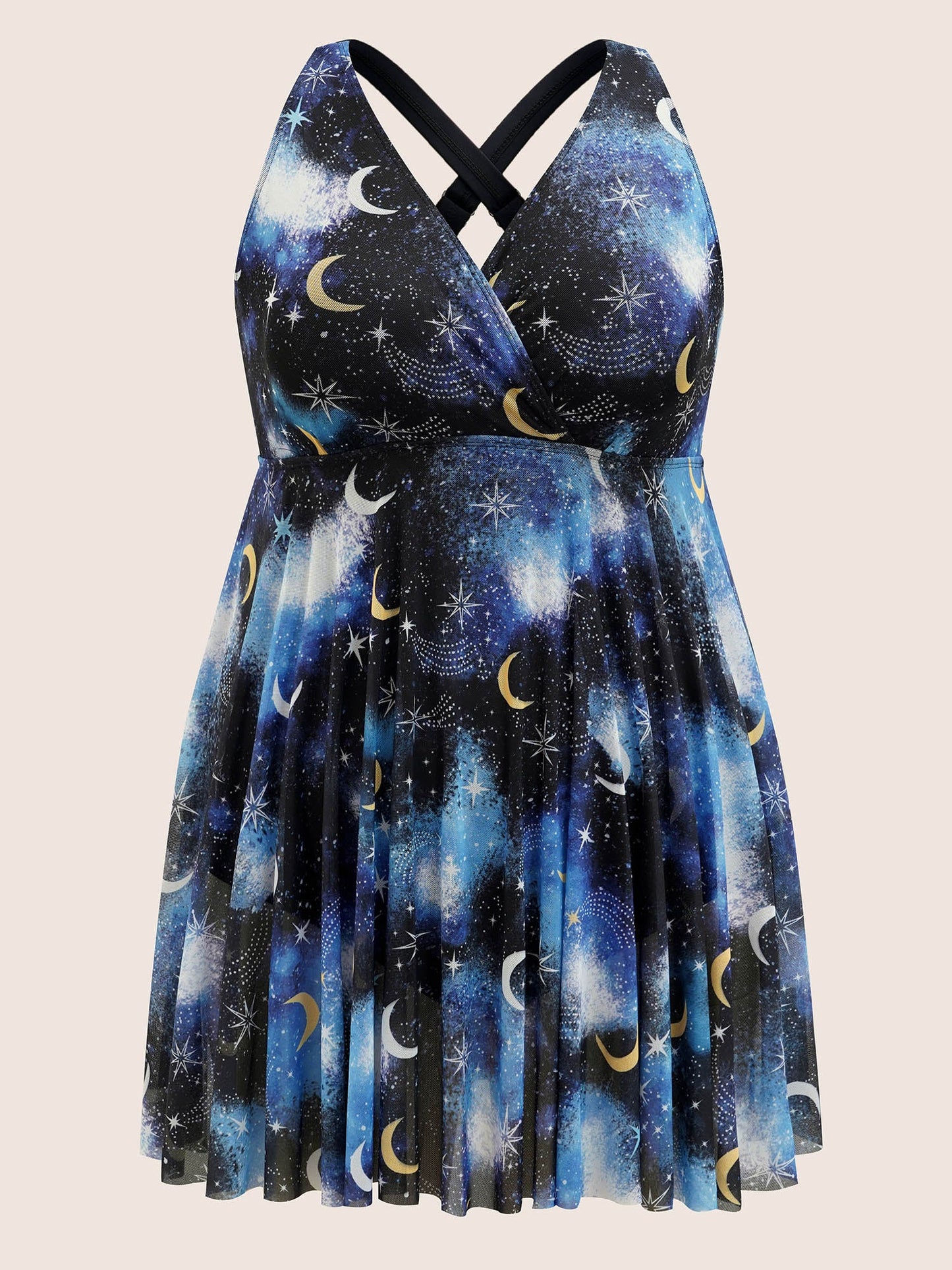 Overlap Collar Star & Moon Mesh Swim Dress