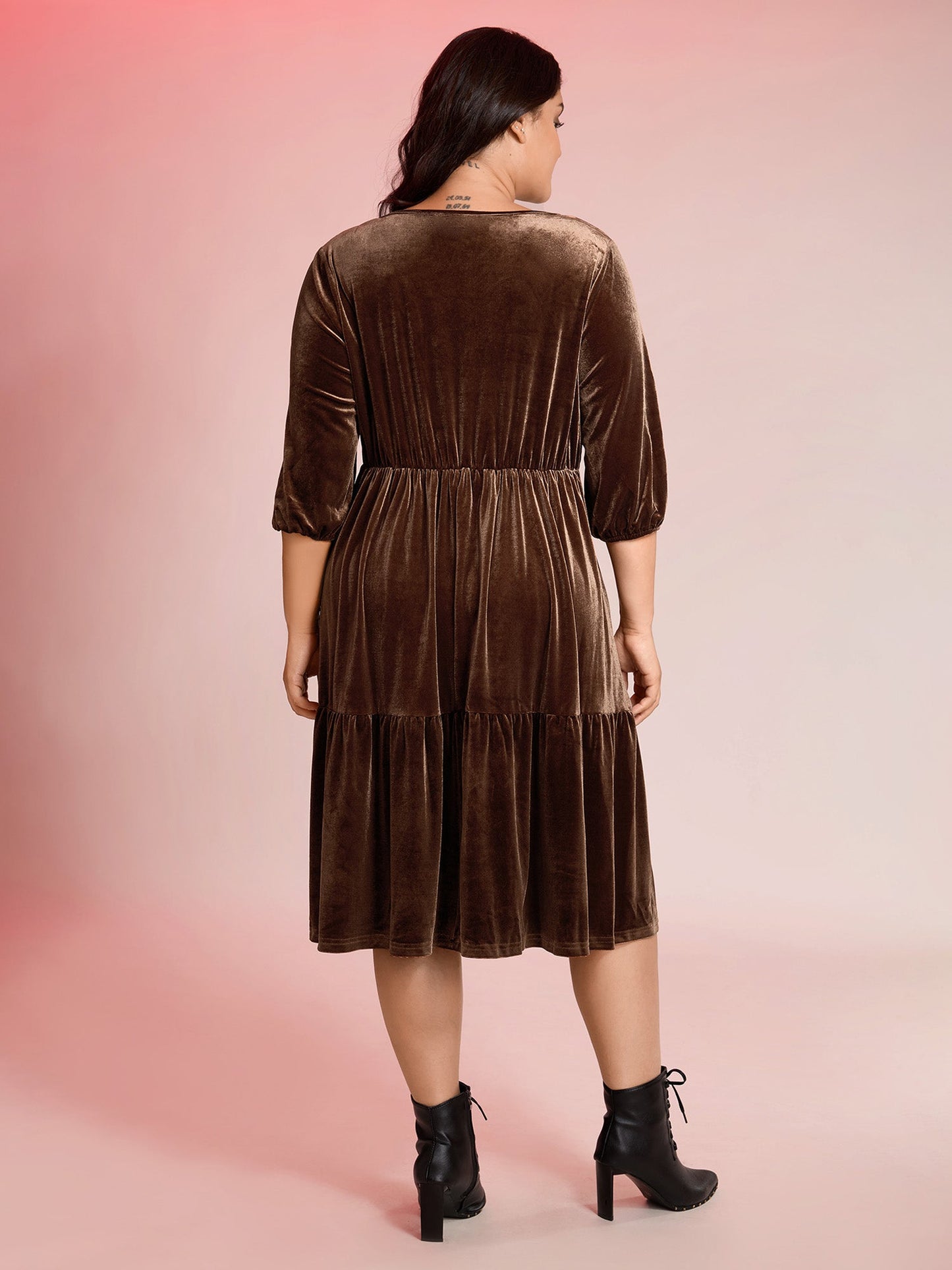 Velvet V-Neck Cinched-Waist Midi Dress