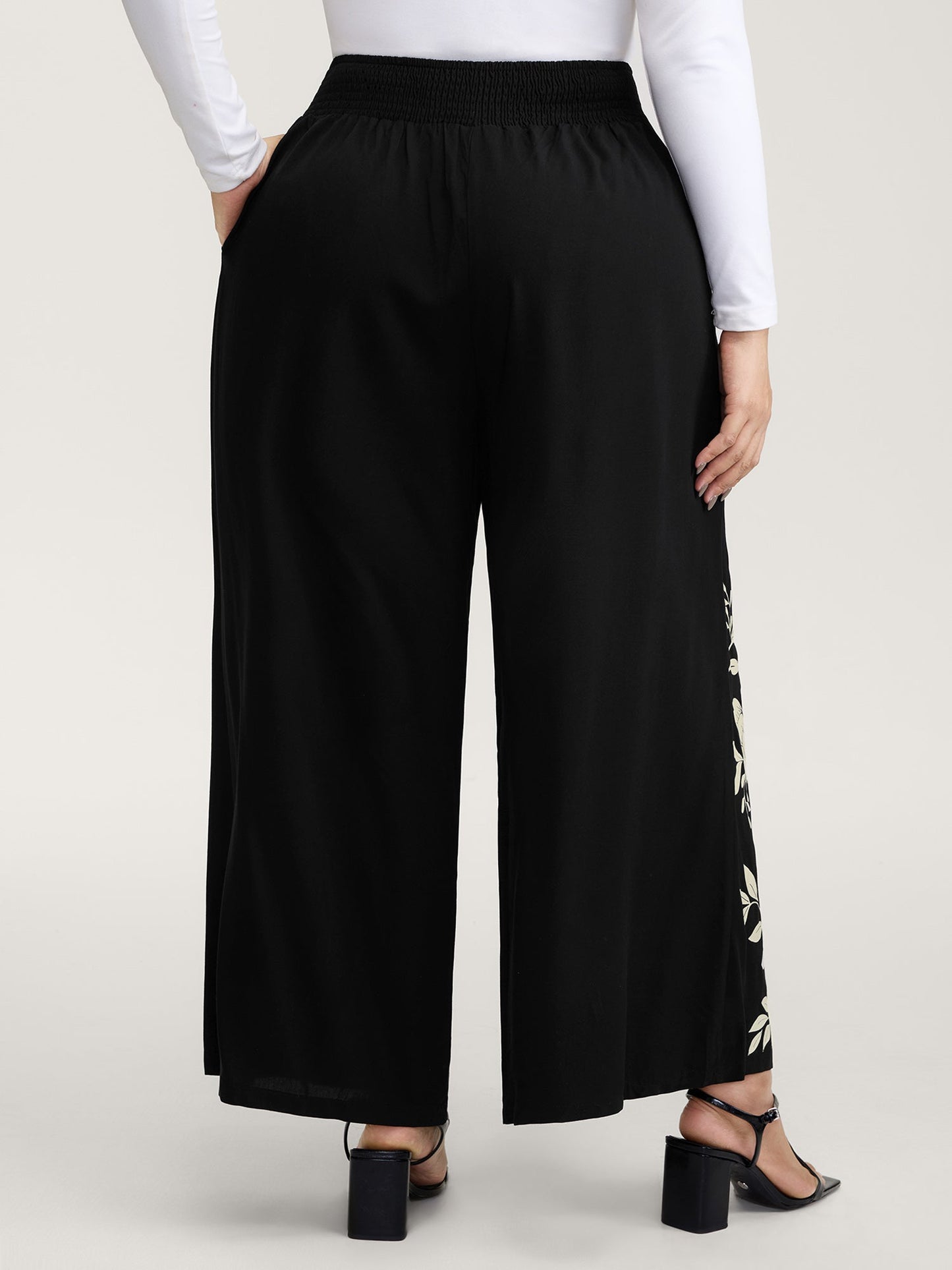 Floral Print Shirred Waist Wide-Leg Pants