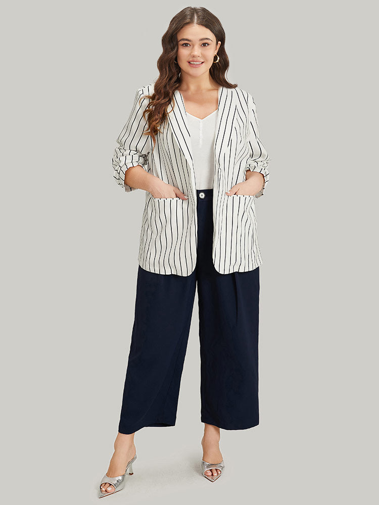 Striped Pocket Gathered Lapel Collar Blazer