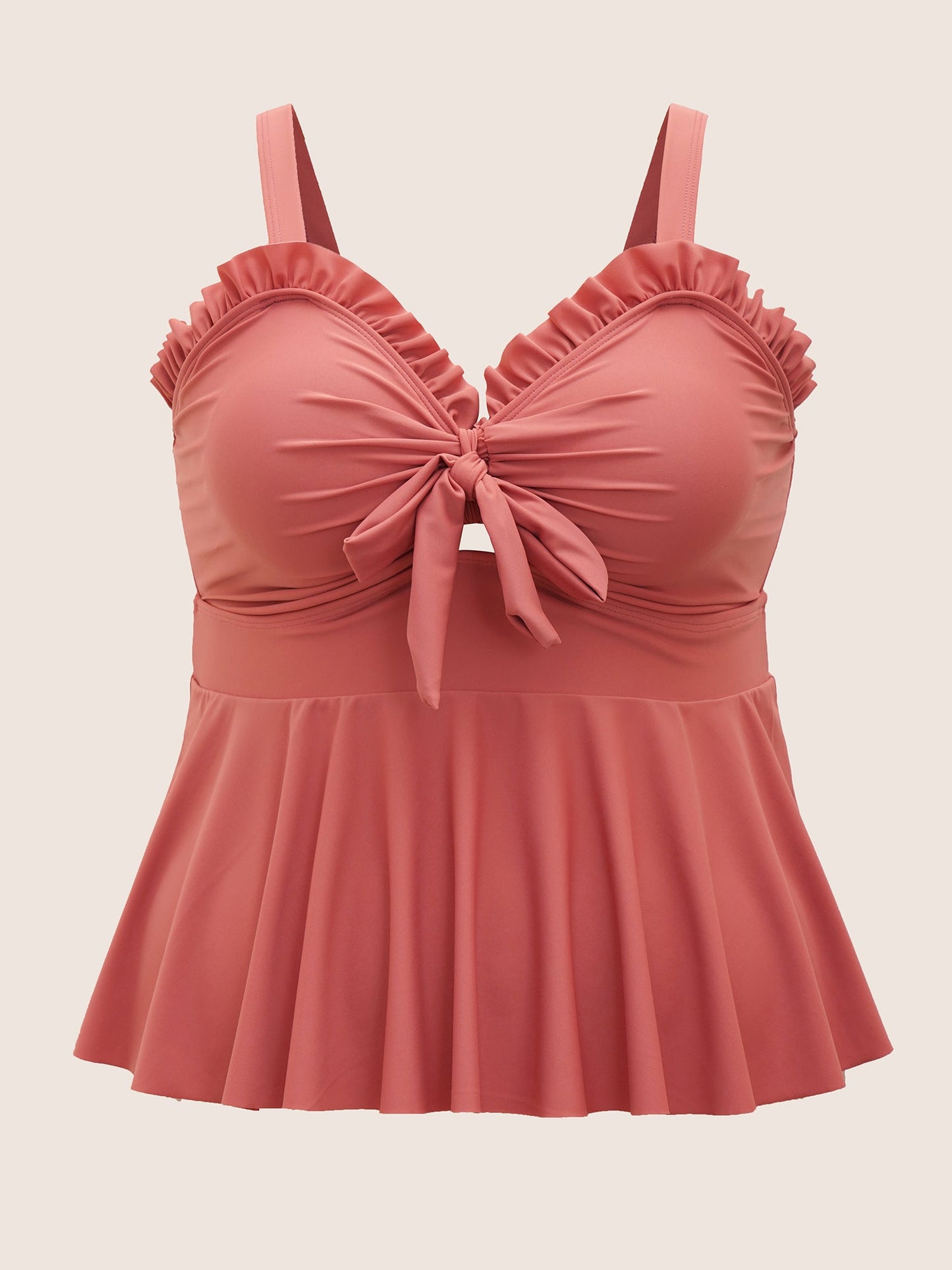 Solid Tie Knot Ruched Frill Trim Swim Top