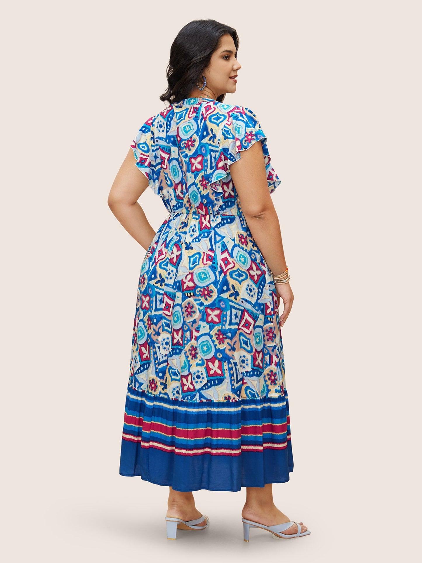 Boho Print Pleated Ruffle Sleeve Dress