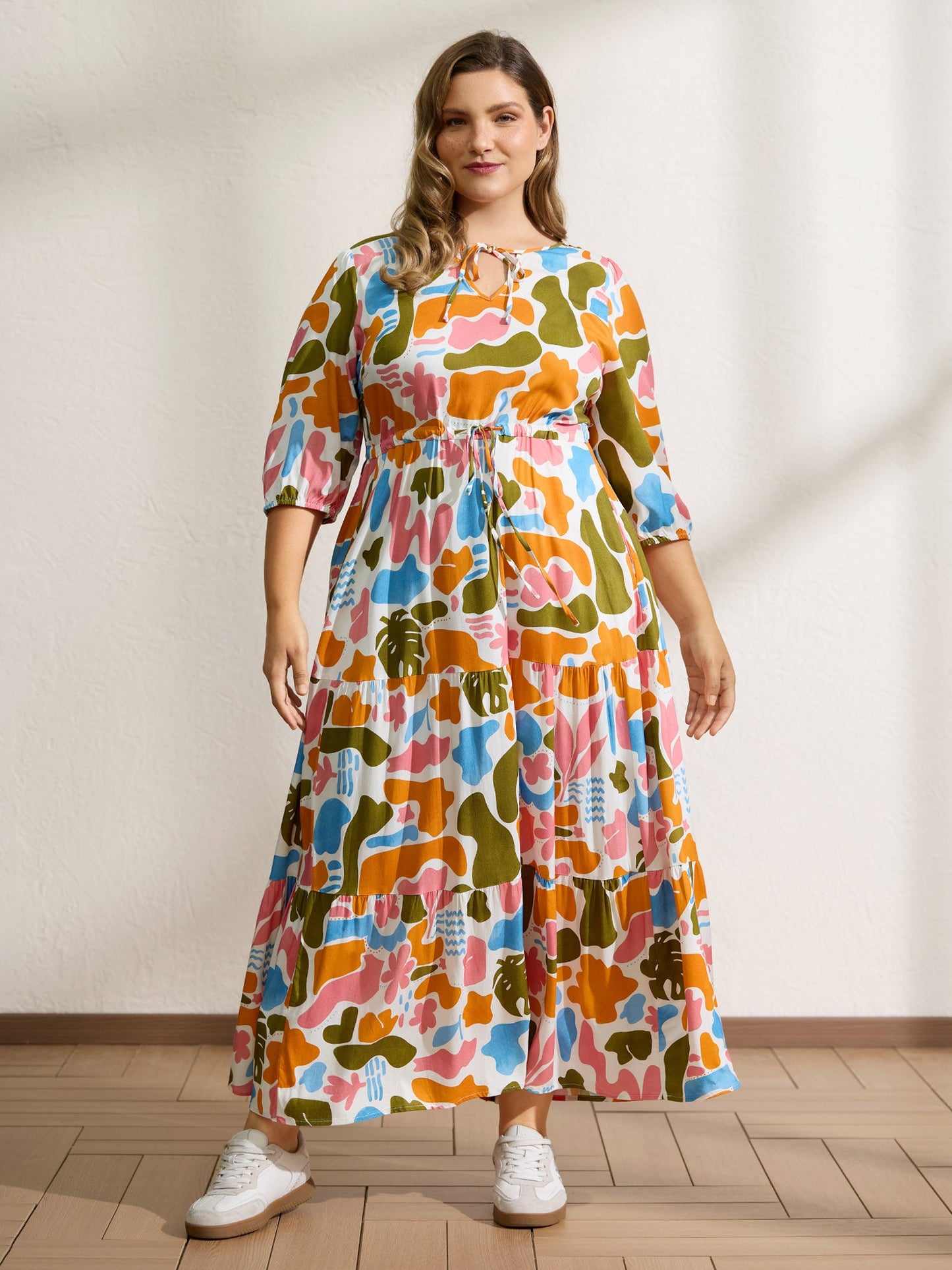 Abstract Print Neck-Tie Pockets Maxi Dress
