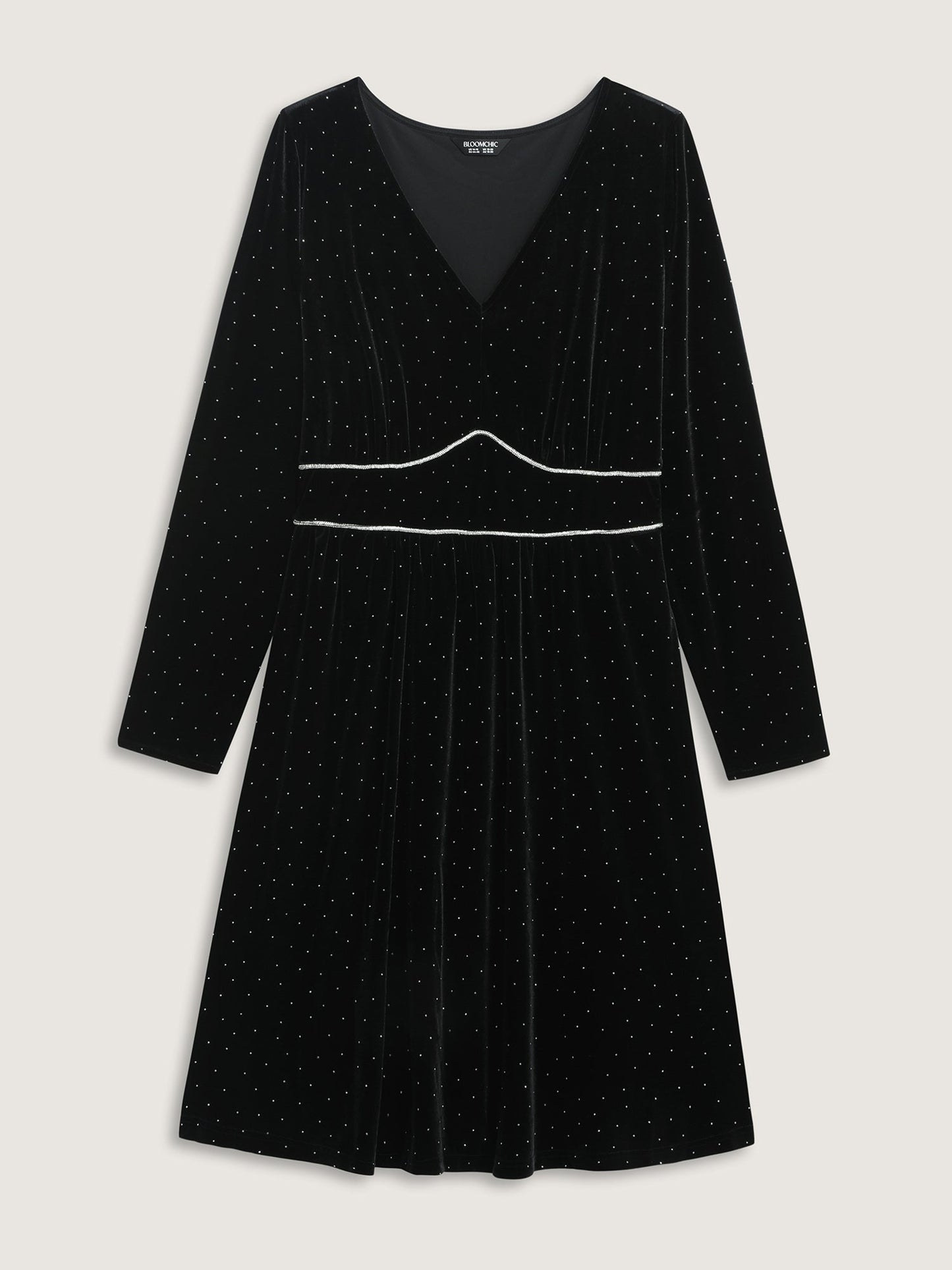 Velvet Rhinestone Cinched-Waist Pockets Midi Dress