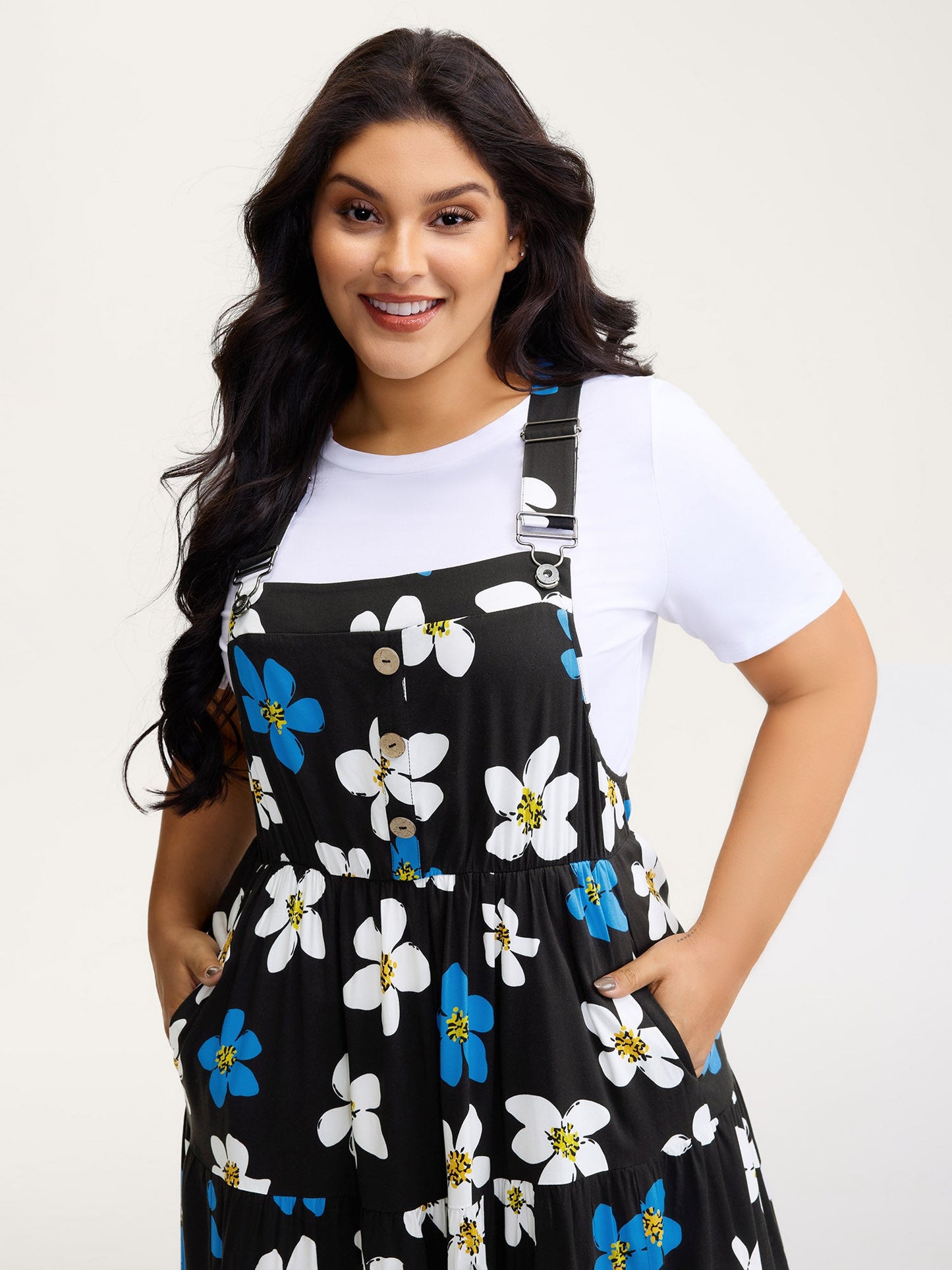 Floral Print Pockets Stretchy Waist Midi Dress