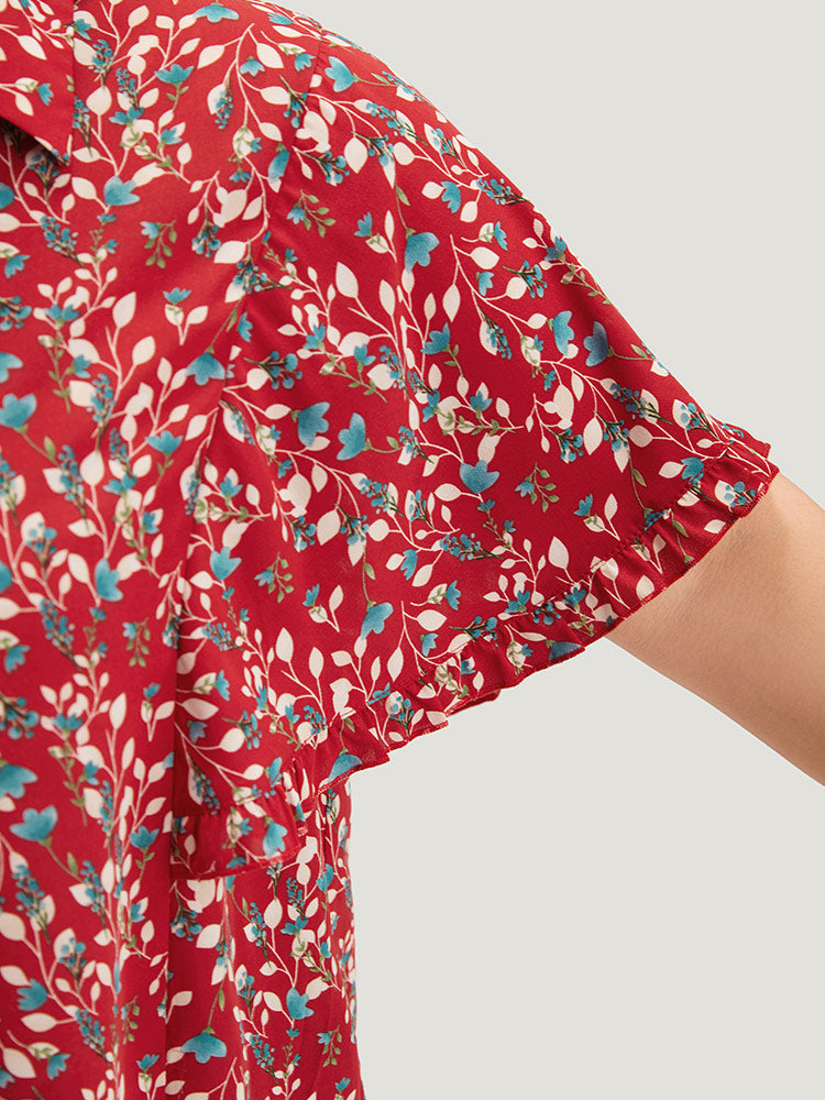 Ditsy Floral Shirt Collar Button Through Ruffle Sleeve Blouse