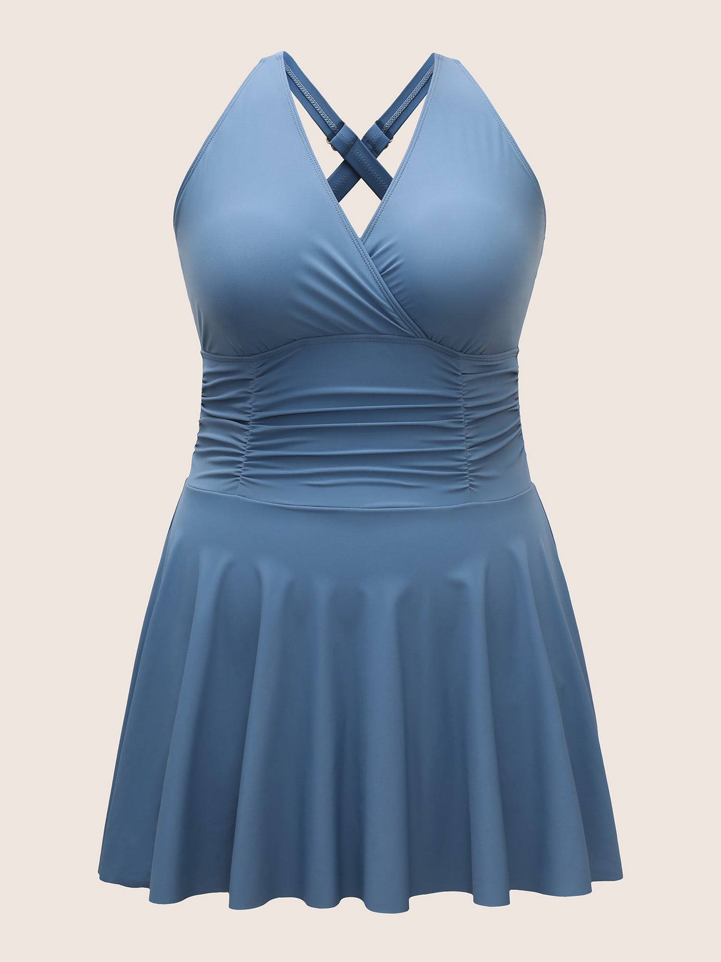 Plain Overlap Collar Ruched Swim Dress