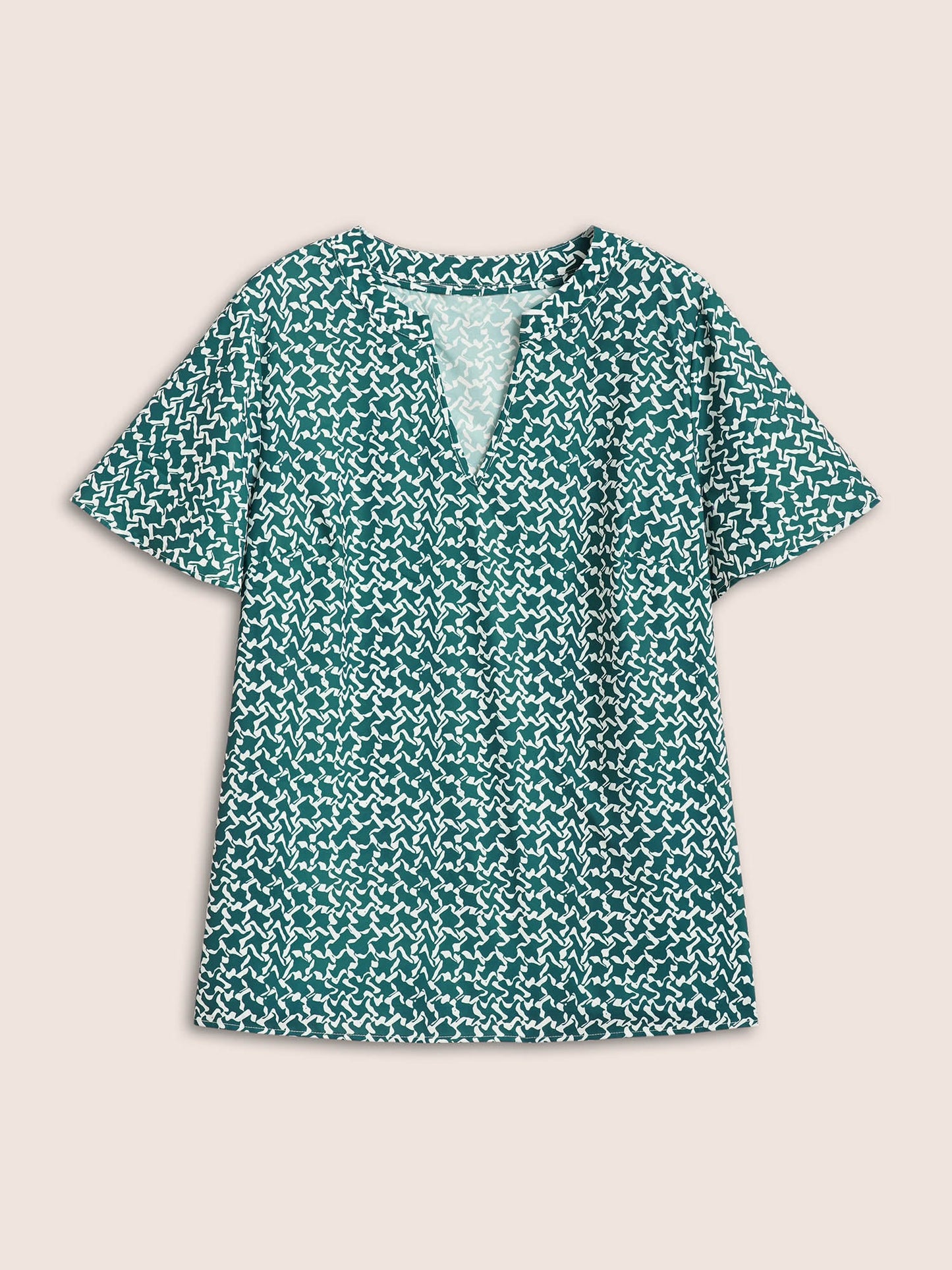 Notched Collar Geometric Flutter Sleeve Blouse